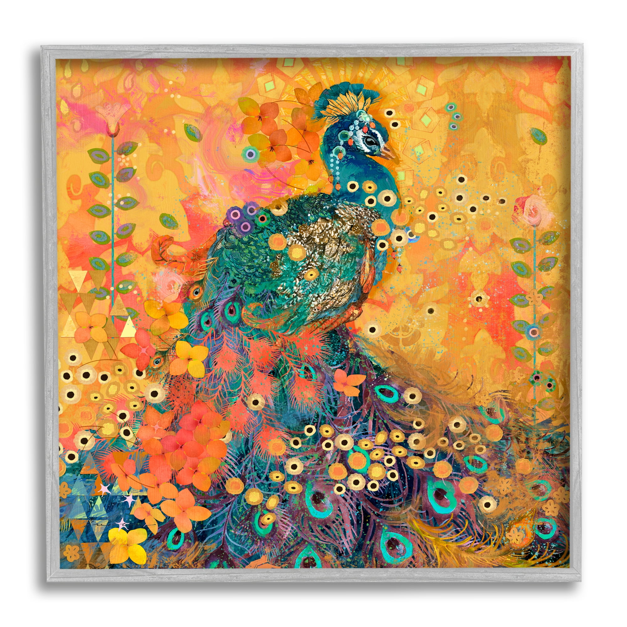 Stupell Industries Bohemian Peacock Pattern Animals & Insects Painting Gray Framed Art Print Wall Art, 17 x 17