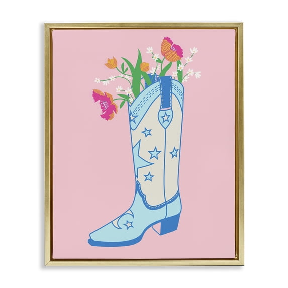 Stupell Industries Bohemian Pink Floral Cowgirl Boot Gold Floating Frame Canvas Art, 17 x 21, by Grace Popp