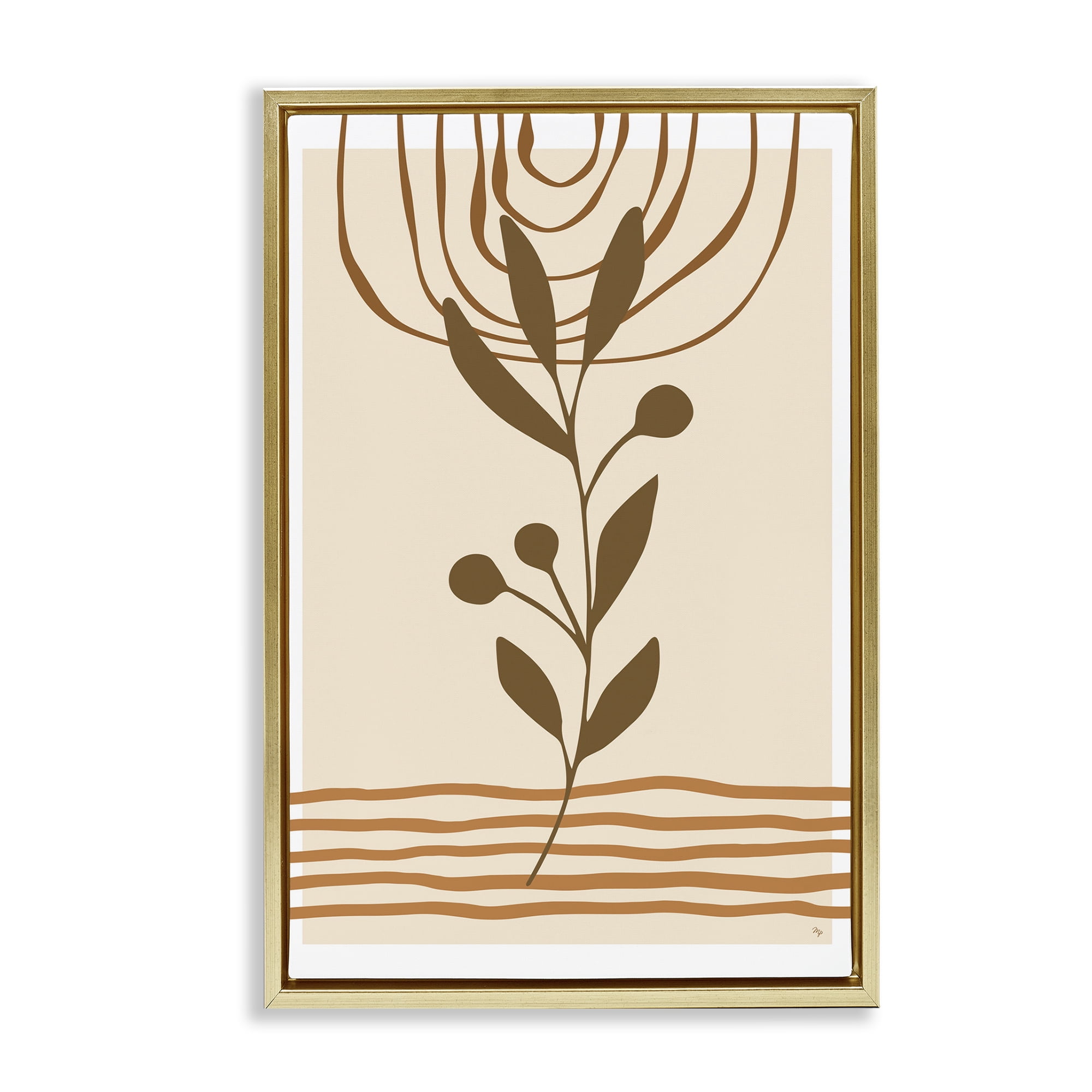 Stupell Industries Bohemian Plant Sprig Botanical & Floral Painting Gold Floater Framed Canvas Art Print Wall Art, 21 x 31