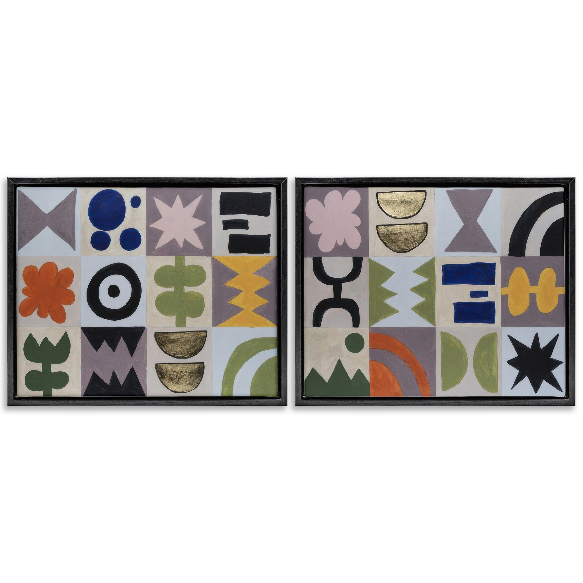 Stupell Industries Bohemian Shapes Squares Abstract Painting Black Floater Framed Canvas Art Print Wall Art, 21 x 17, Set of 2