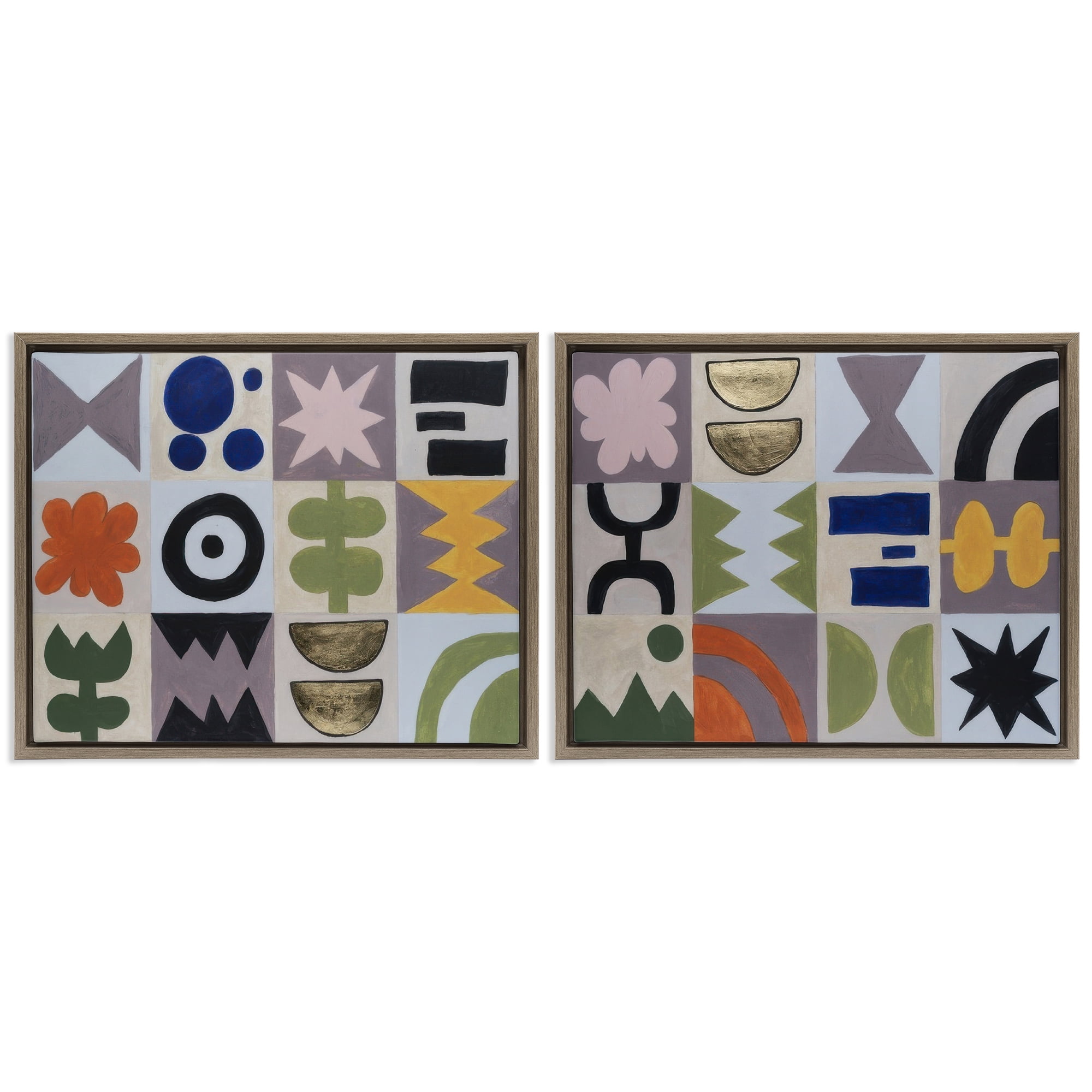 Stupell Industries Bohemian Shapes Squares Abstract Painting Brown Floater Framed Canvas Art Print Wall Art, 21 x 17, Set of 2
