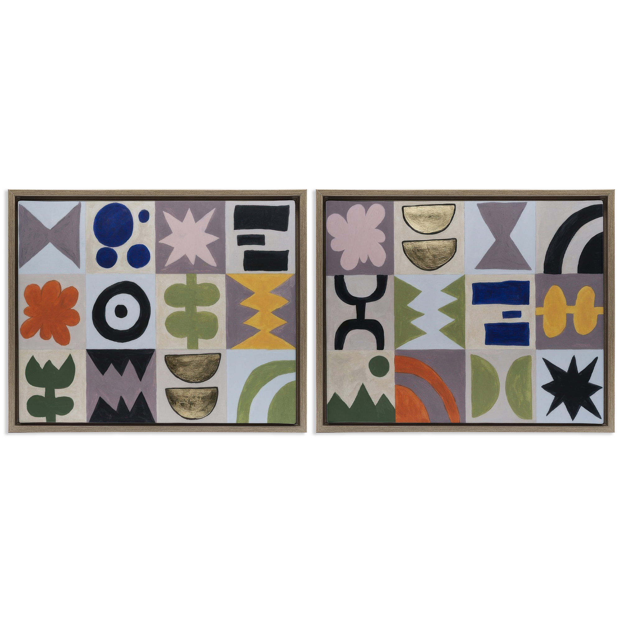 Stupell Industries Bohemian Shapes Squares Abstract Painting Brown Floater Framed Canvas Art Print Wall Art, 31 x 25, Set of 2