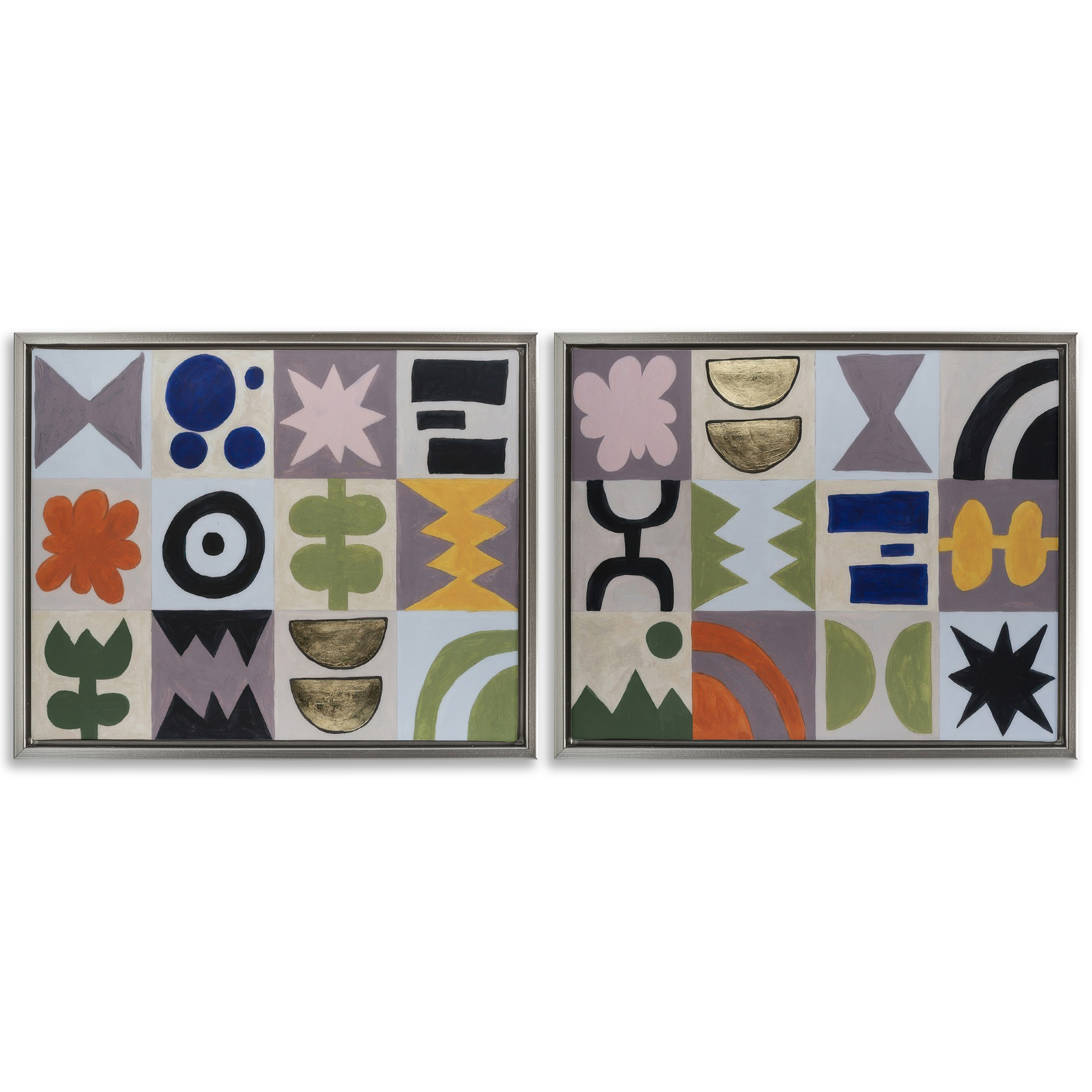 Stupell Industries Bohemian Shapes Squares Abstract Painting Gray Floater Framed Canvas Art Print Wall Art, 21 x 17, Set of 2