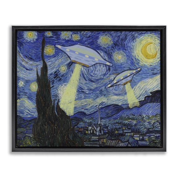 Stupell Industries Bohemian Starry Night Classic Alien UFOs Black Floating Frame Canvas Art, 21 x 17, by Lil' Rue