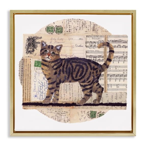 Stupell Industries Bohemian Tabby Cat Collage Gold Floating Frame Canvas Art, 25 x 25, by Nancy Overton