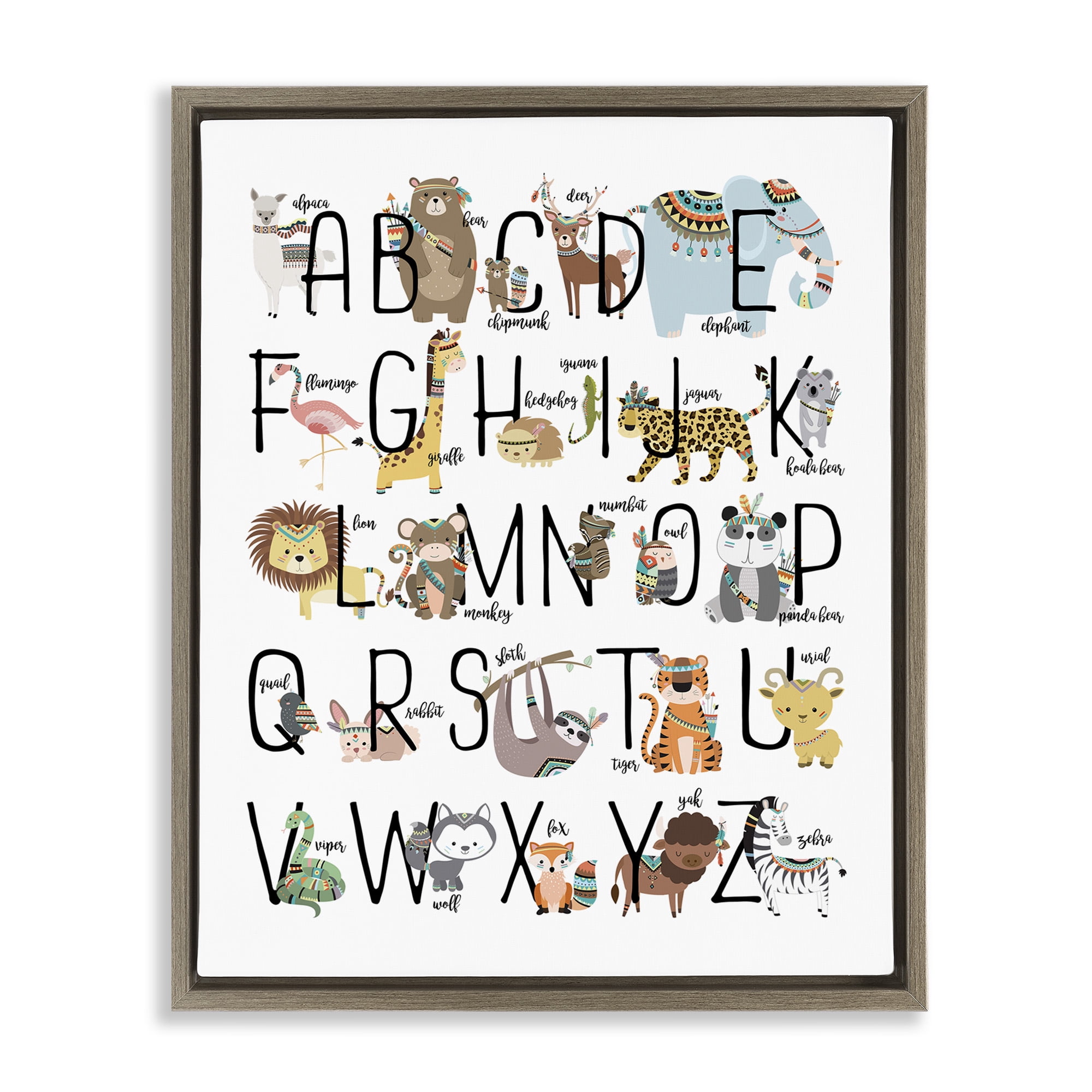 Stupell Industries Boho Animals Alphabet Art for Kids Painting Brown Floater Framed Canvas Art Print Wall Art, 25 x 31