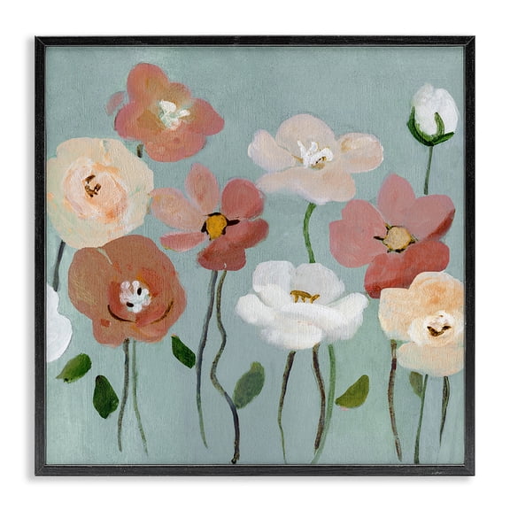 Stupell Industries Boho Blooms on Blue Floral Painting Black Framed Art Print Wall Art, 17 x 17