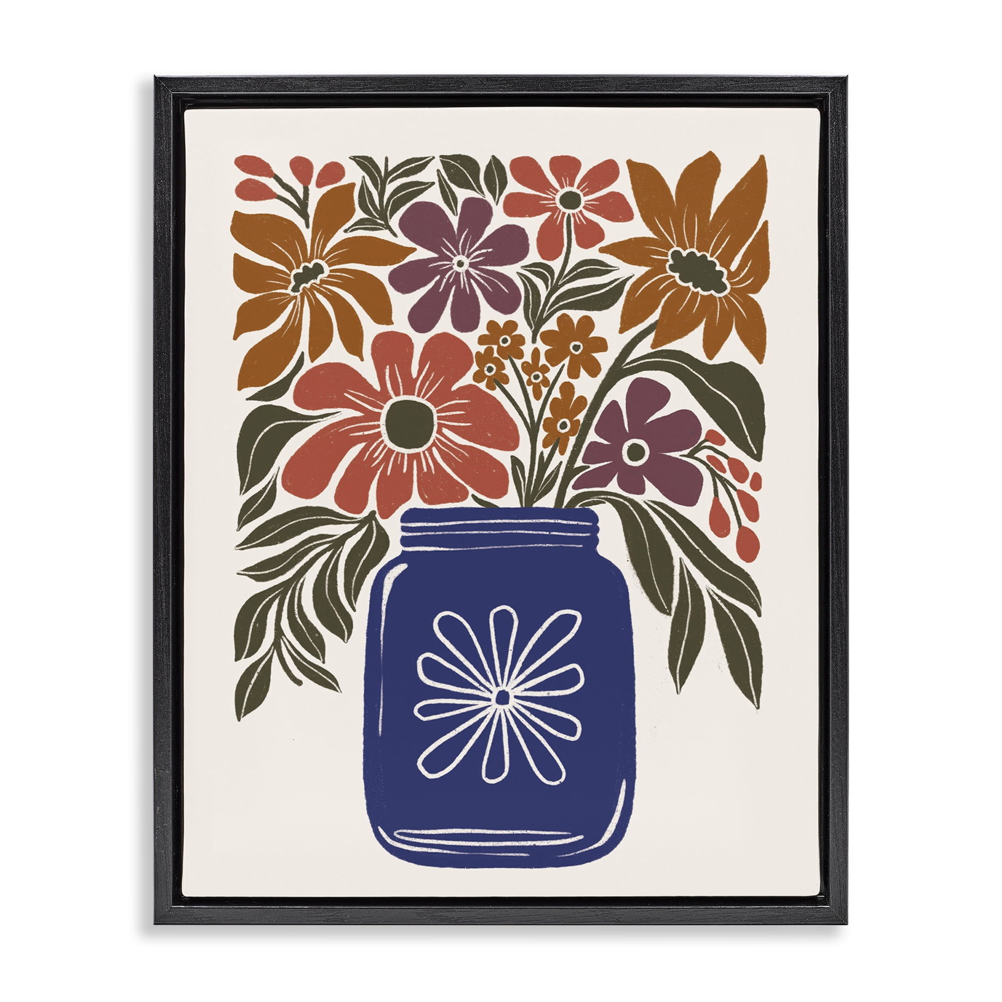 Stupell Industries Boho Blossoms Vase Plants & Flowers Painting Black Floater Framed Canvas Art Print Wall Art, 17 x 21