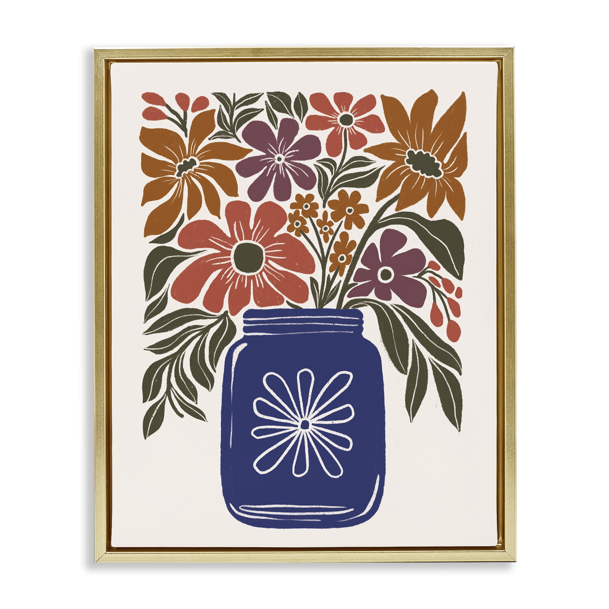 Stupell Industries Boho Blossoms Vase Plants & Flowers Painting Gold Floater Framed Canvas Art Print Wall Art, 17 x 21