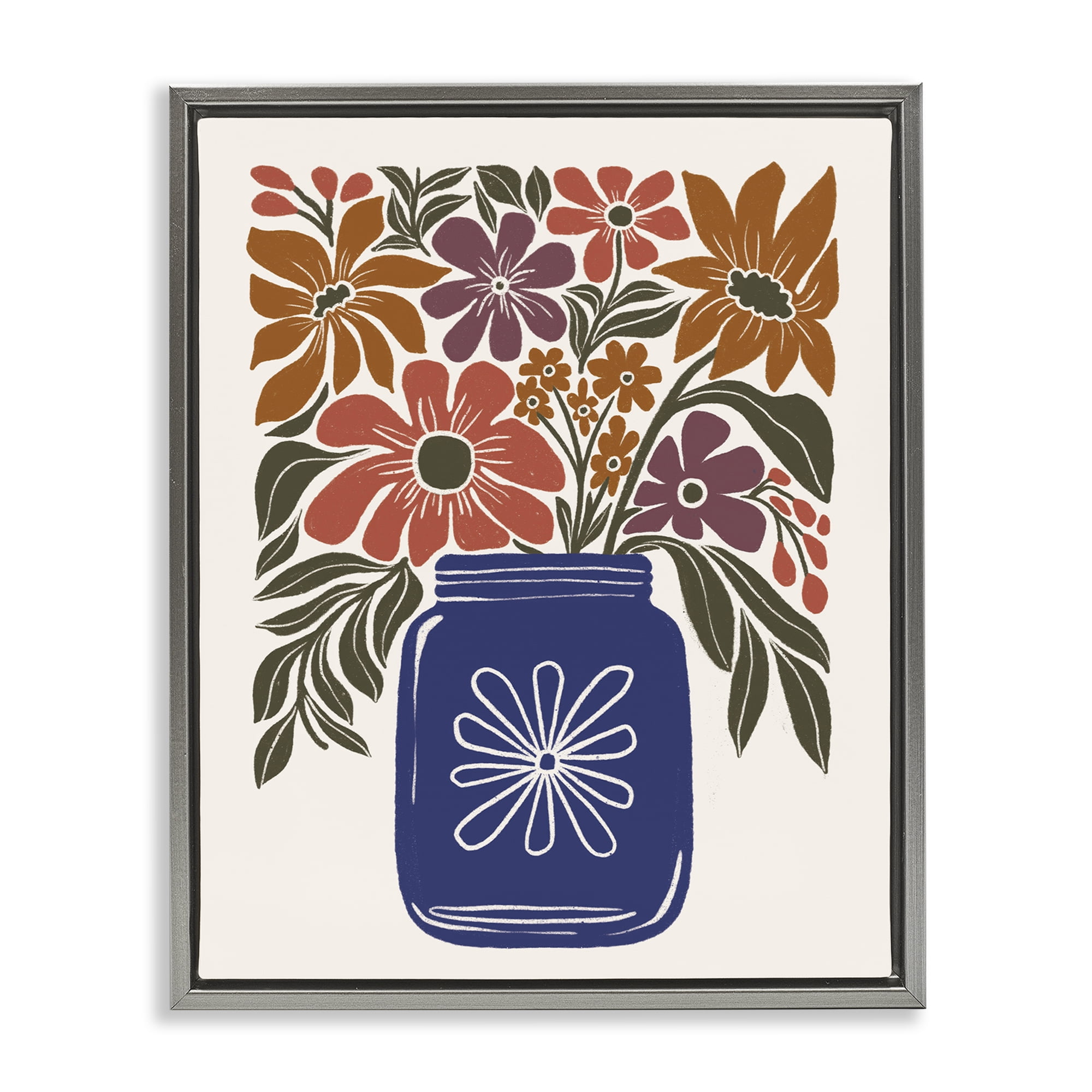 Stupell Industries Boho Blossoms Vase Plants & Flowers Painting Gray Floater Framed Canvas Art Print Wall Art, 25 x 31
