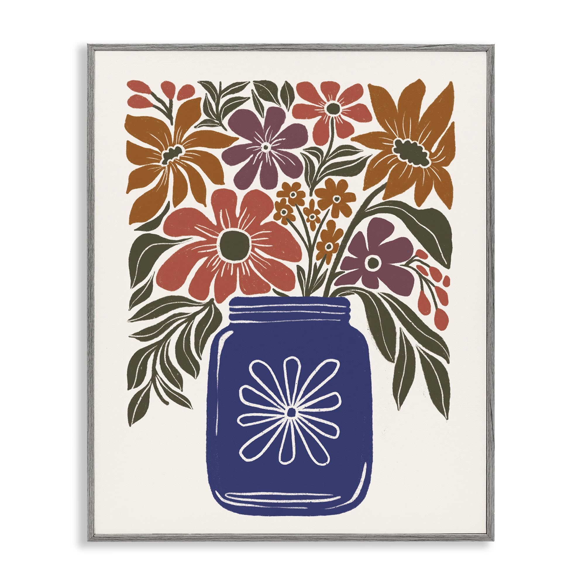 Stupell Industries Boho Blossoms Vase Plants & Flowers Painting Gray Framed Art Print Wall Art, 11 x 14
