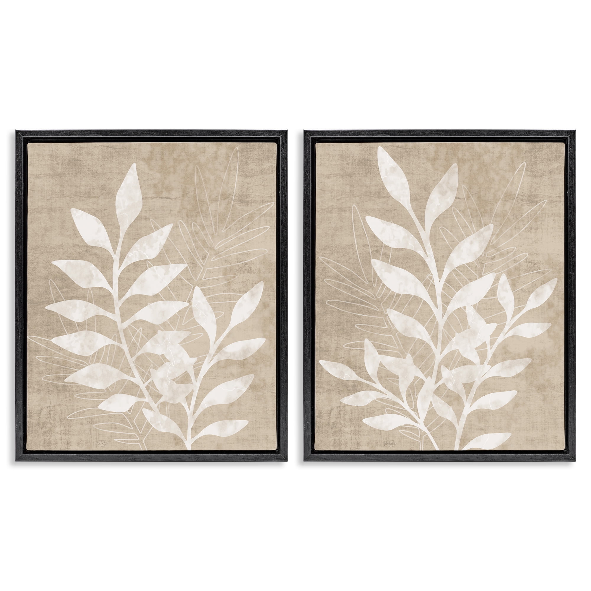 Stupell Industries Boho Botanical Leaf Silhouette Botanical & Floral Painting Black Floater Framed Canvas Art Print Wall Art, 17 x 21, Set of 2