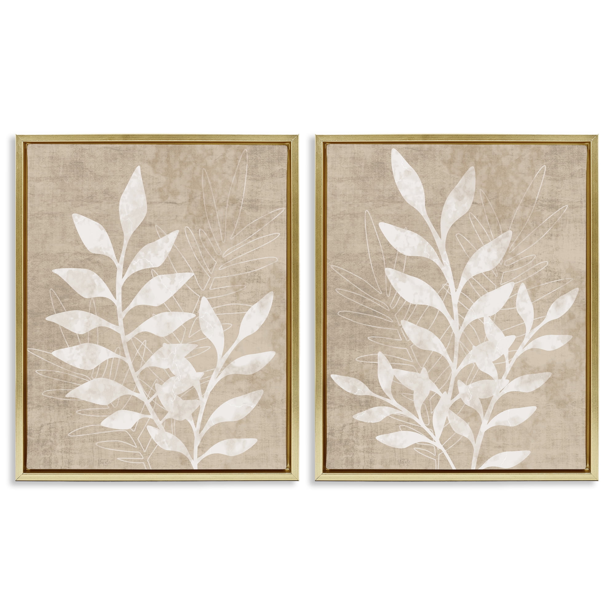 Stupell Industries Boho Botanical Leaf Silhouette Botanical & Floral Painting Gold Floater Framed Canvas Art Print Wall Art, 17 x 21, Set of 2