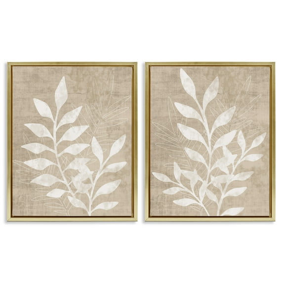 Stupell Industries Boho Botanical Leaf Silhouette Botanical & Floral Painting Gold Floater Framed Canvas Art Print Wall Art, 17 x 21, Set of 2