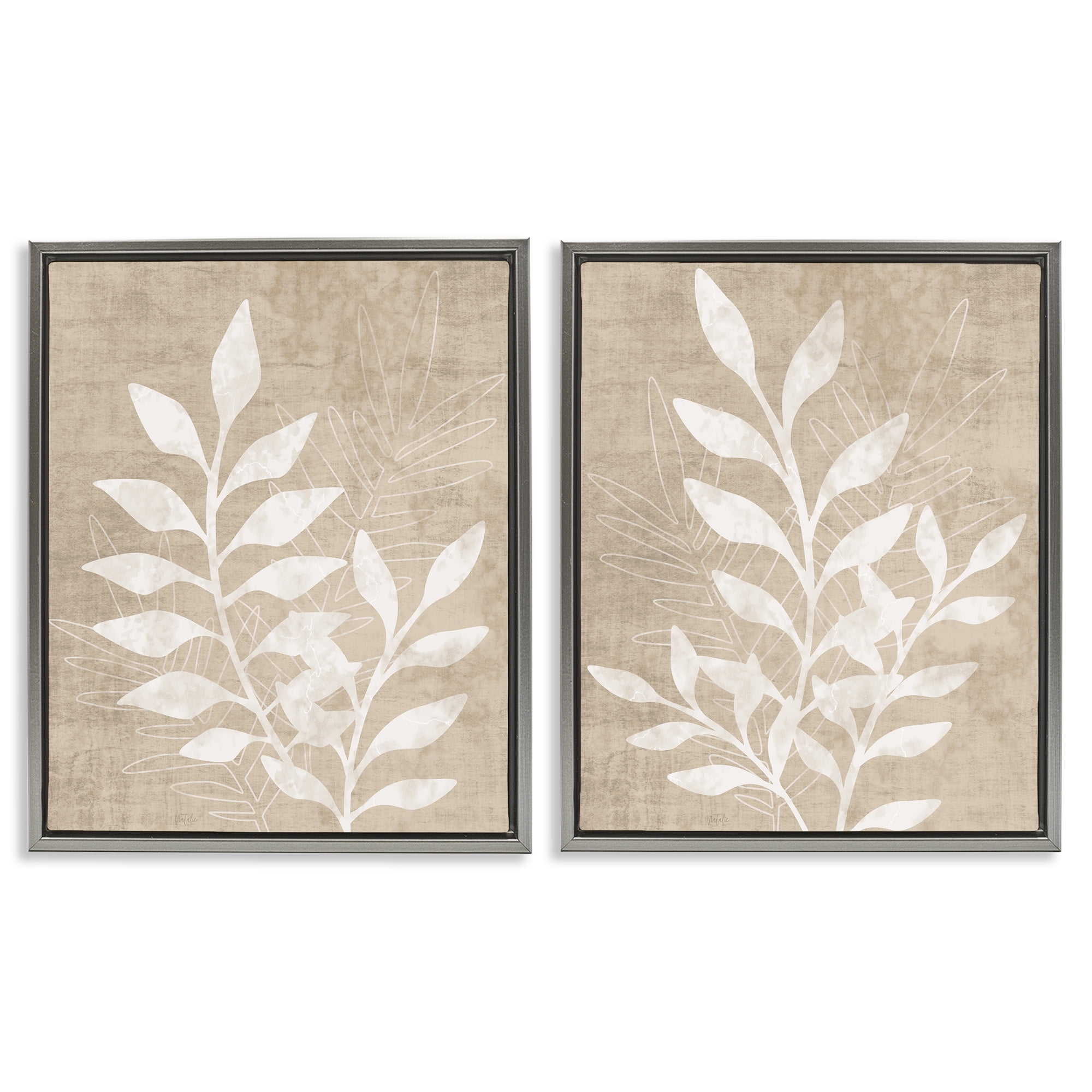 Gray Framed Botanical Leaf Silhouette Canvas Art Set, 17 x 21