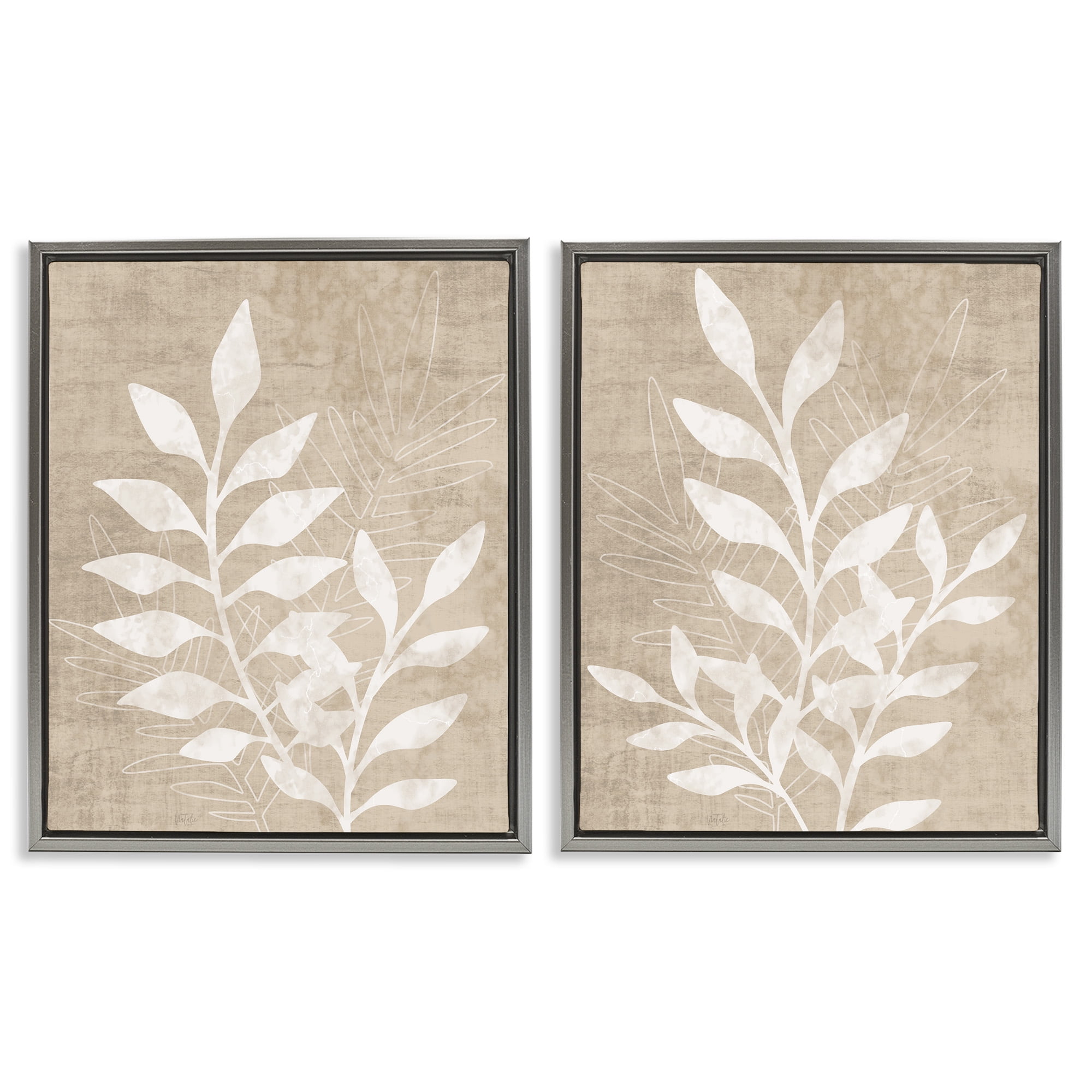 Stupell Industries Boho Botanical Leaf Silhouette Botanical & Floral Painting Gray Floater Framed Canvas Art Print Wall Art, 25 x 31, Set of 2