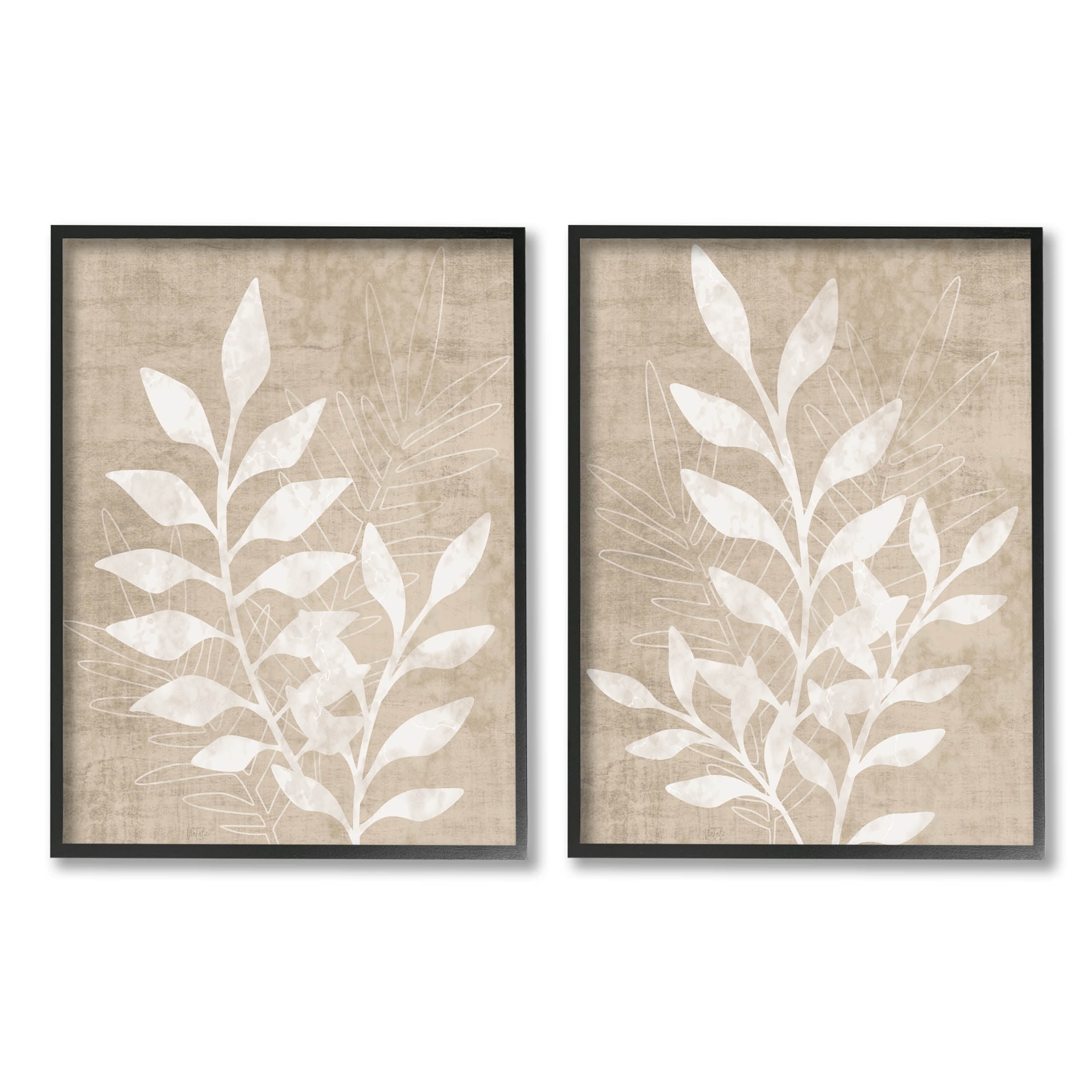 Boho Botanical Leaf Silhouette Beige and White Framed Art Set