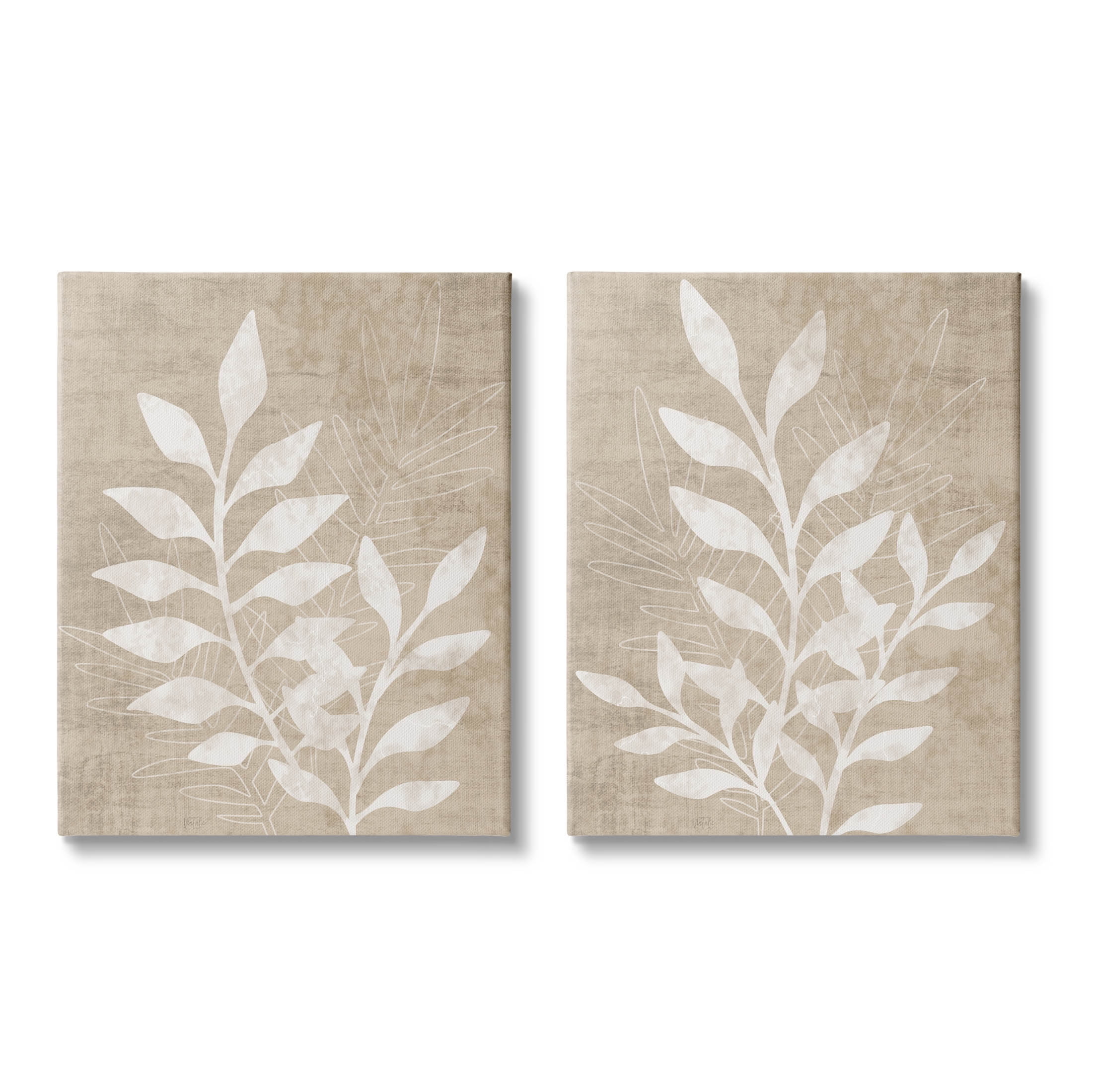 Boho Botanical Leaf Silhouette Beige Canvas Wall Art Set