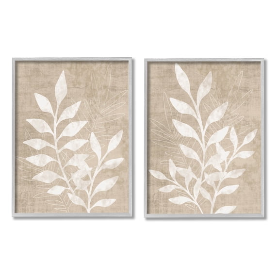 Stupell Industries Boho Botanical Leaf Silhouette Graphic Art Gray Framed Art Print Wall Art, Set of 2, Design by Natalie Carpentieri
