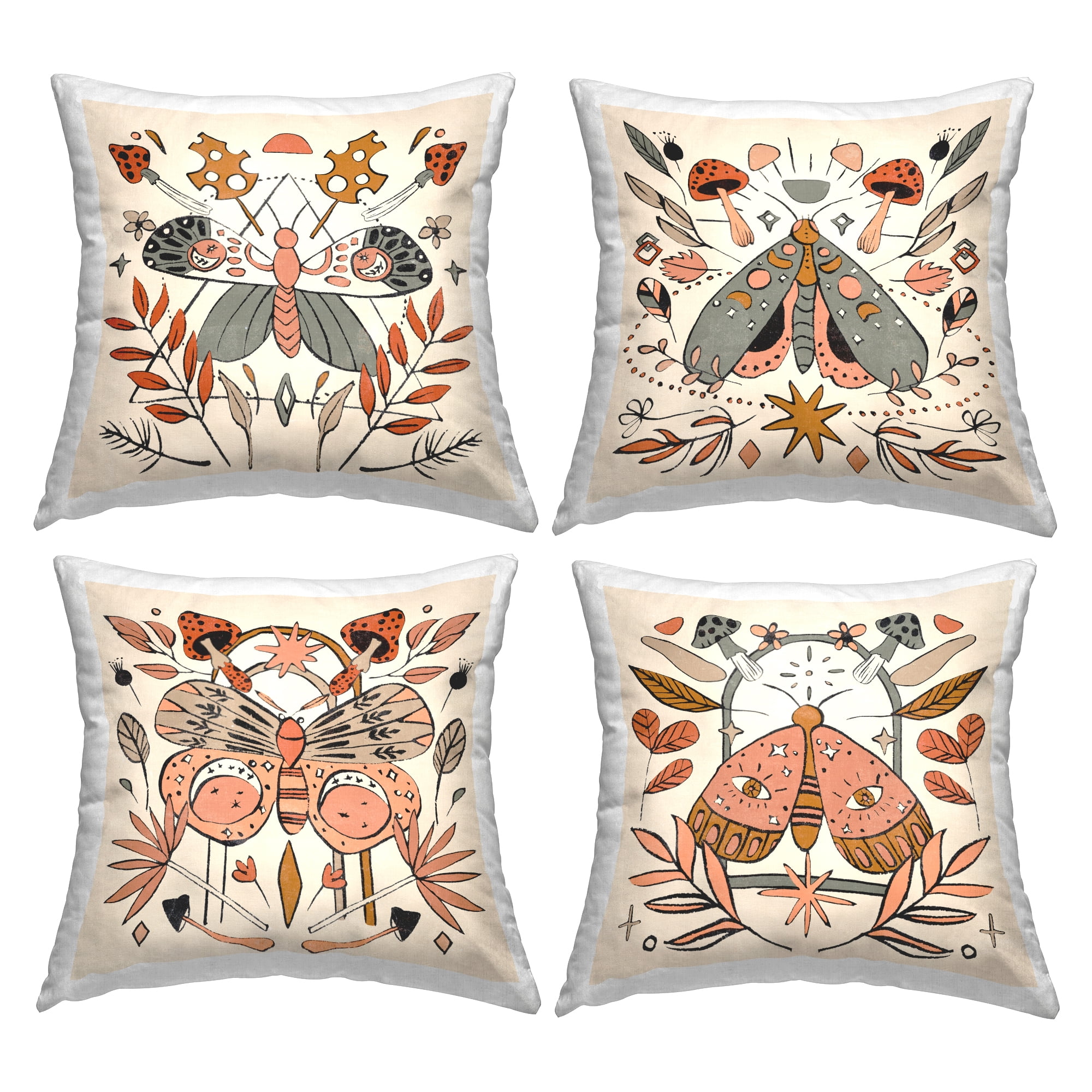 Stupell Industries Boho Botanical Moths Square Decorative Printed Throw Pillow, 18 x 18, Set of 4