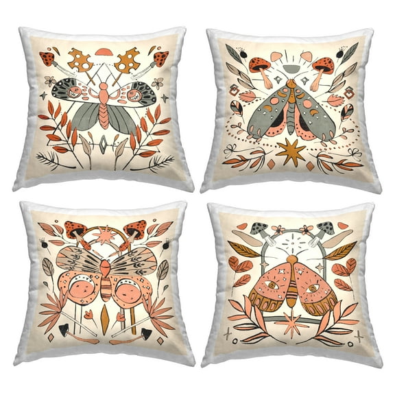 Stupell Industries Boho Botanical Moths Square Decorative Printed Throw Pillow, 18 x 18, Set of 4