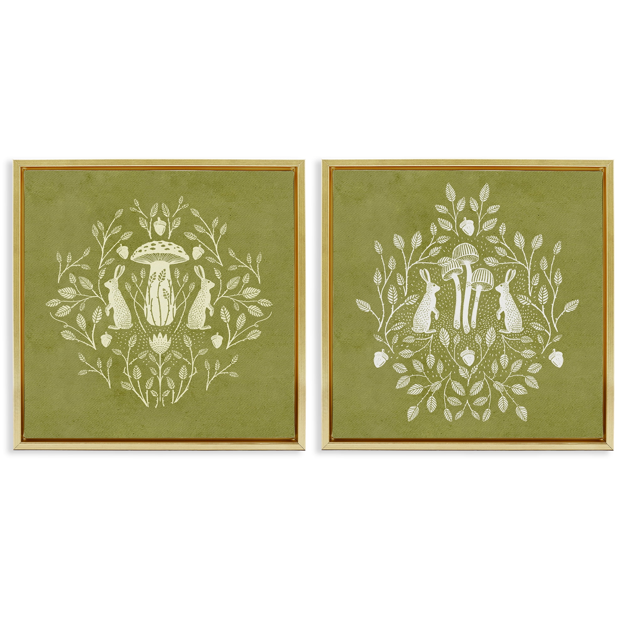 Stupell Industries Boho Bunnies & Mushrooms Animals Painting Gold Floater Framed Canvas Art Print Wall Art, 18 x 18, Set of 2
