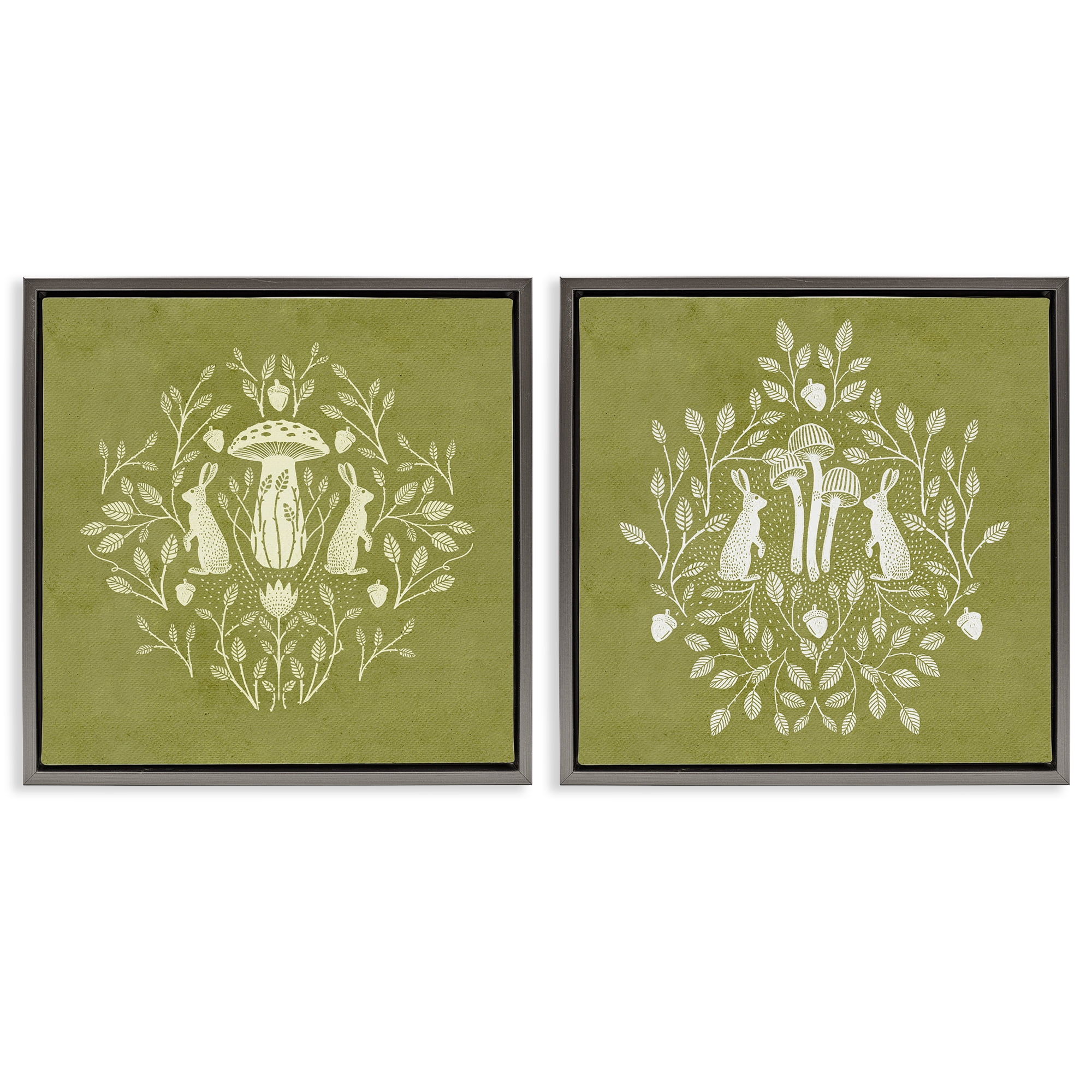 Stupell Industries Boho Bunnies & Mushrooms Animals Painting Gray Floater Framed Canvas Art Print Wall Art, 18 x 18, Set of 2