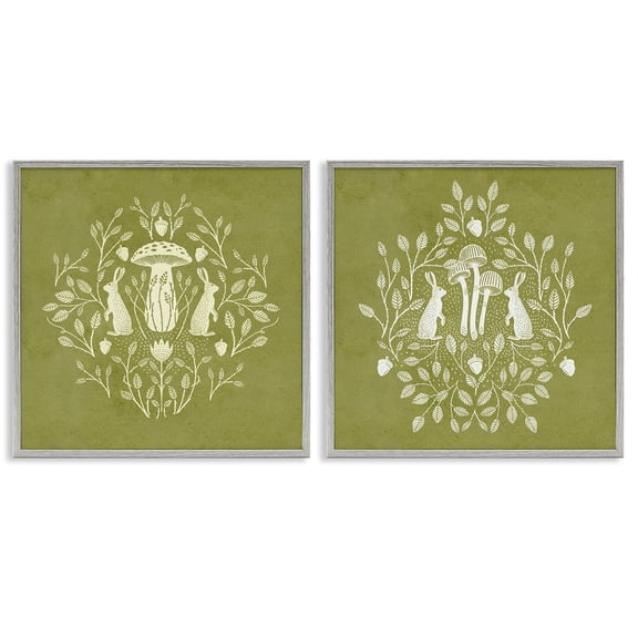 Stupell Industries Boho Bunnies & Mushrooms Animals Painting Gray Framed Art Print Wall Art, 24 x 24, Set of 2