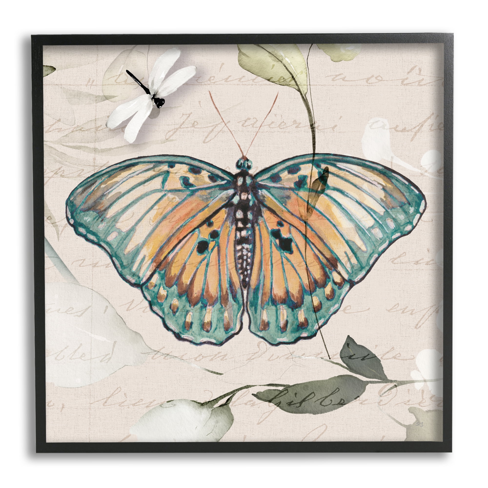 Stupell Industries Boho Butterfly with Script Animals & Insects Painting Black Framed Art Print Wall Art, 12 x 12