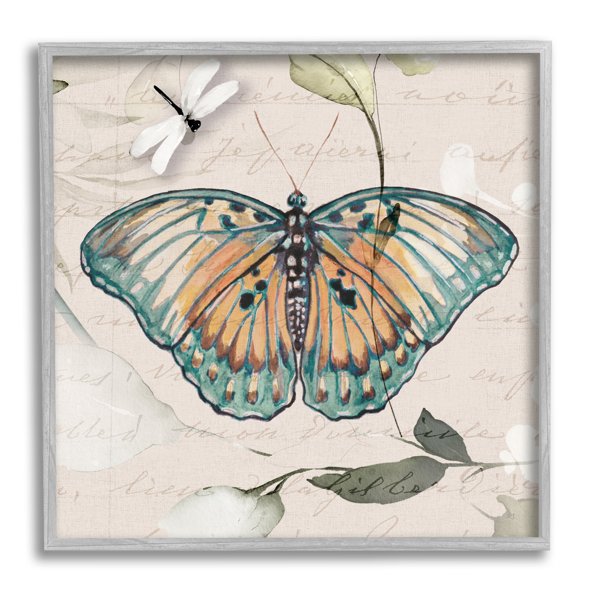 Stupell Industries Boho Butterfly with Script Animals & Insects Painting Gray Framed Art Print Wall Art, 24 x 24