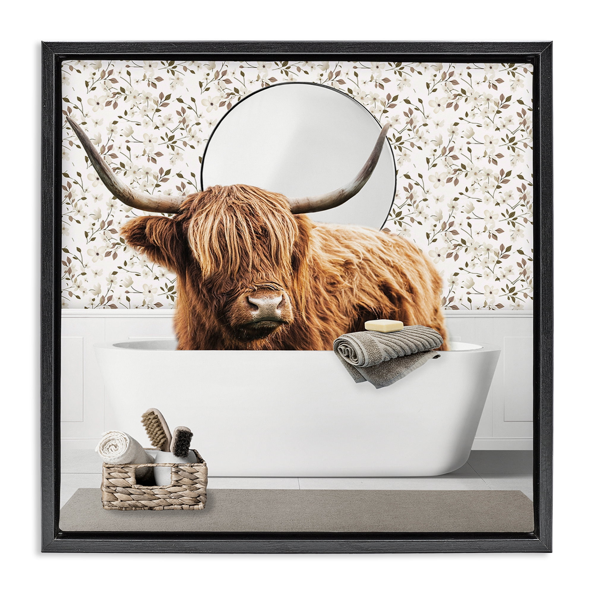 Stupell Industries Boho Cattle Bath Time Black Framed Floater Canvas Wall Art, design by CAD Designs