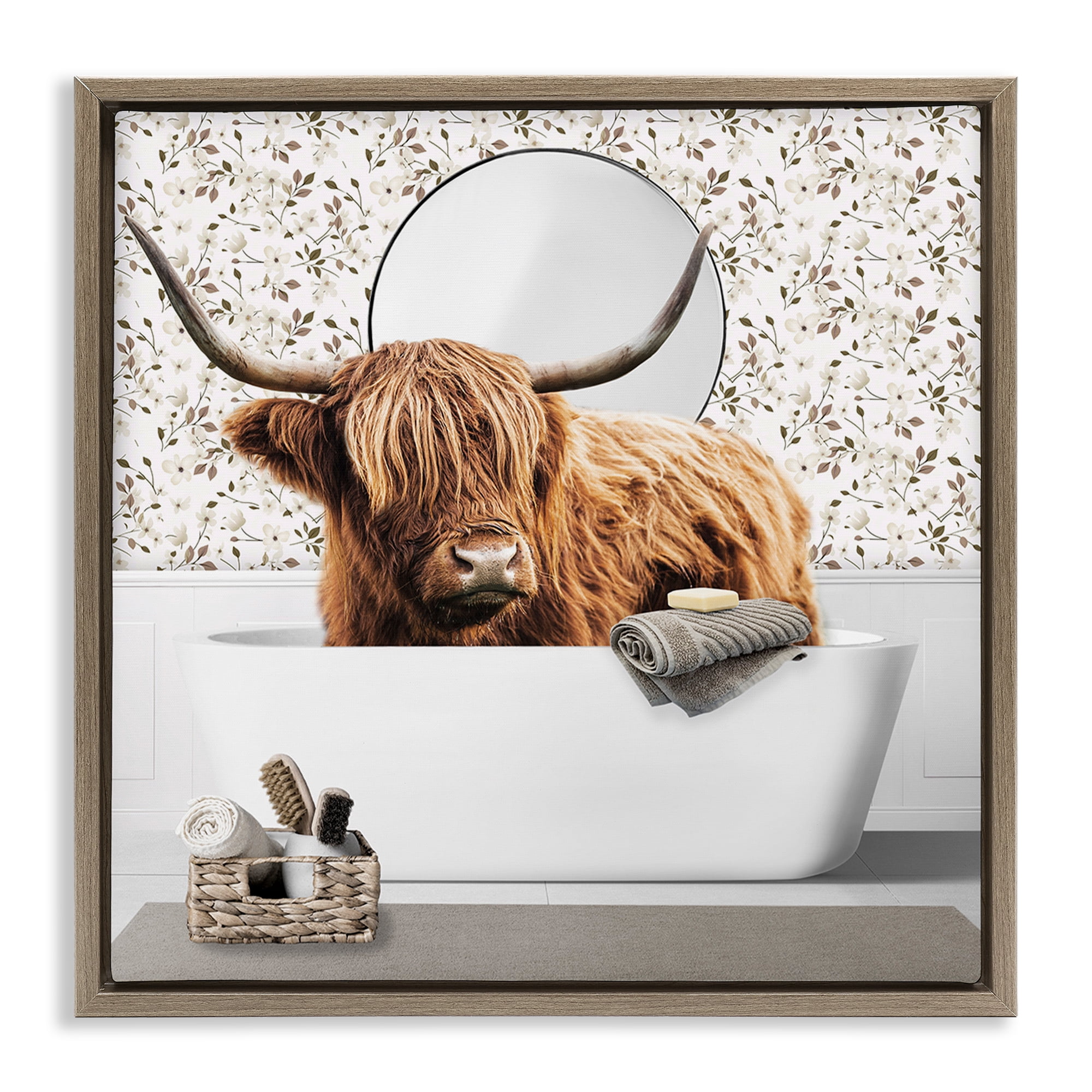 Stupell Industries Boho Cattle Bath Time Brown Framed Floater Canvas Wall Art, design by CAD Designs