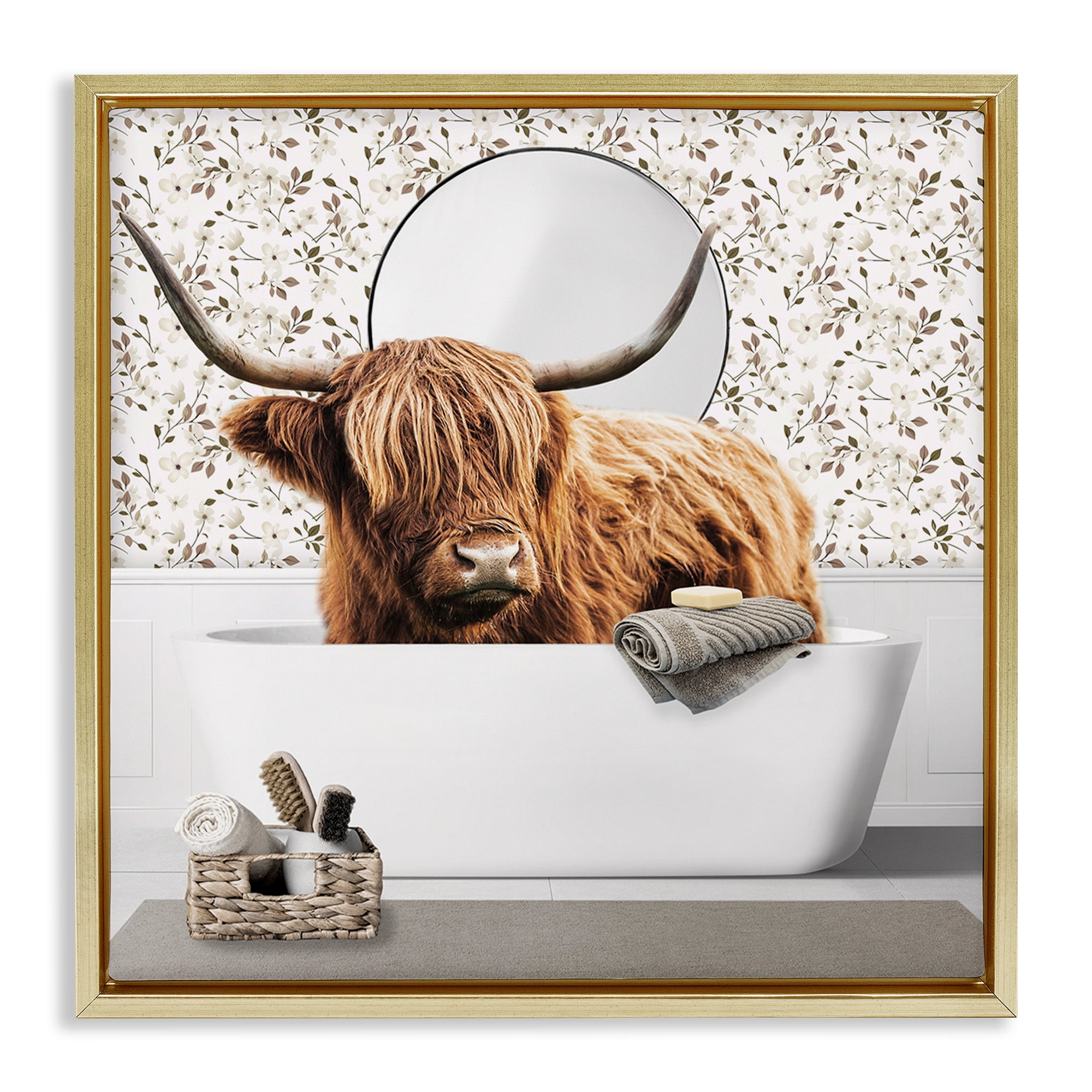 Stupell Industries Boho Cattle Bath Time Gold Framed Floater Canvas Wall Art, design by CAD Designs