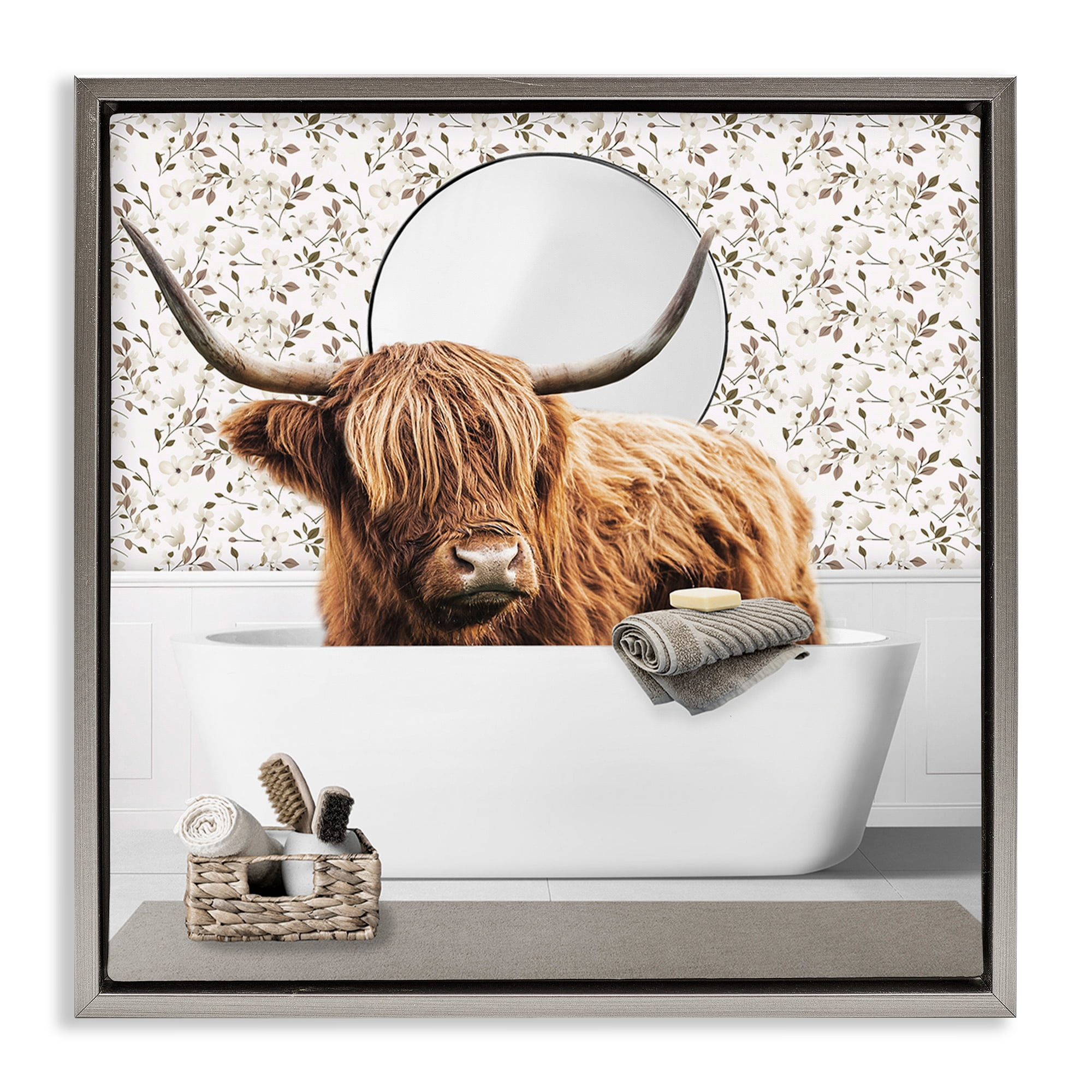 Stupell Industries Boho Cattle Bath Time Gray Framed Floater Canvas Wall Art, design by CAD Designs