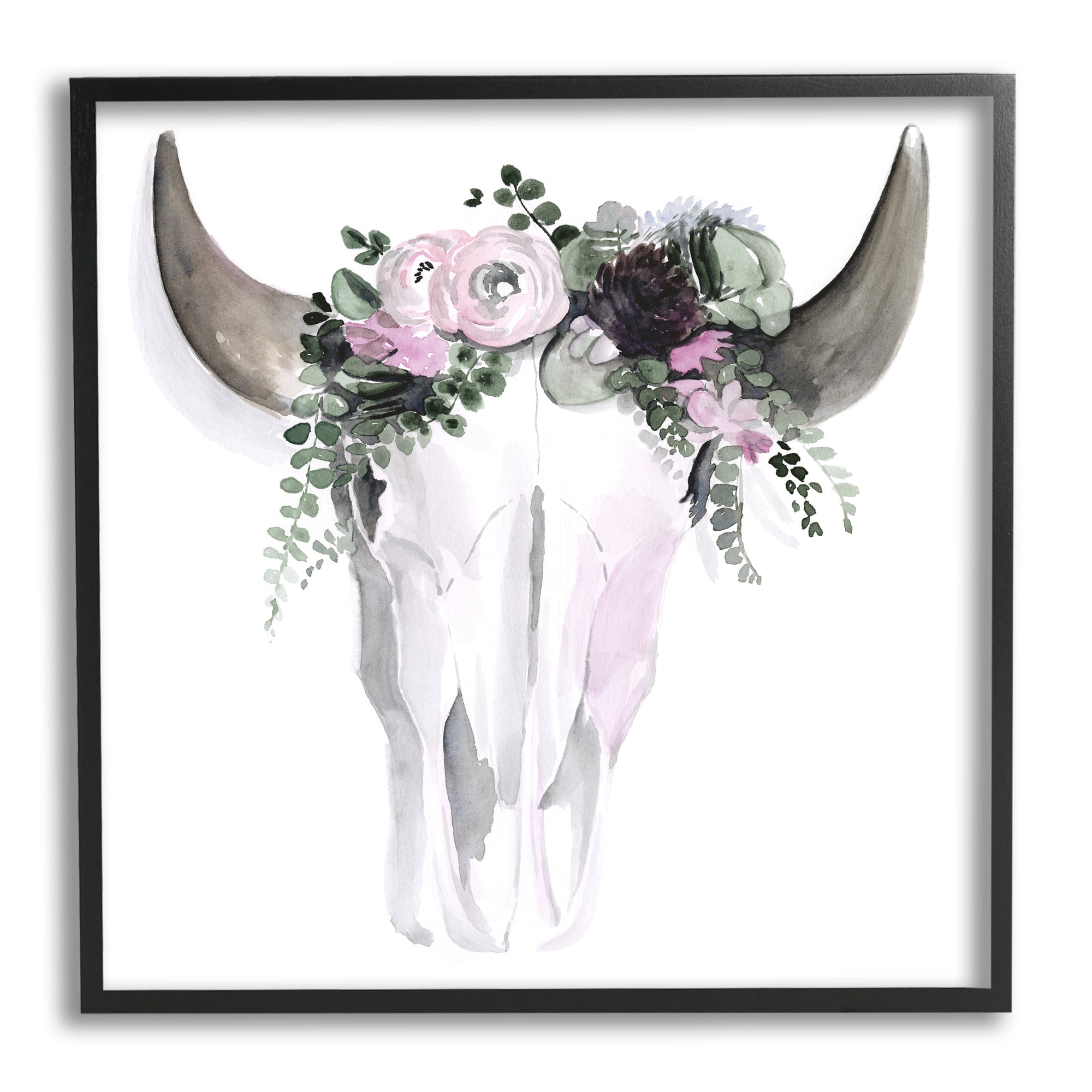 Stupell Industries Boho Cattle Skull Floral Garland Animals & Insects Painting Black Framed Art Print Wall Art