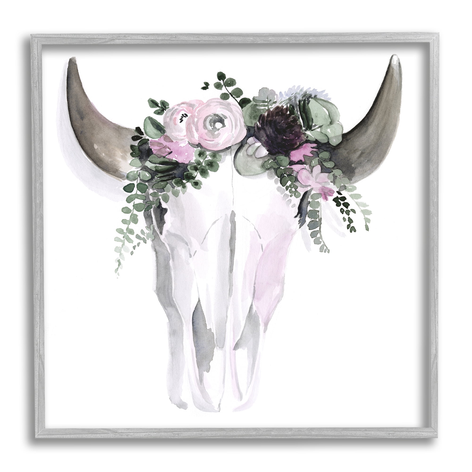 Stupell Industries Boho Cattle Skull Floral Garland Animals & Insects Painting Gray Framed Art Print Wall Art