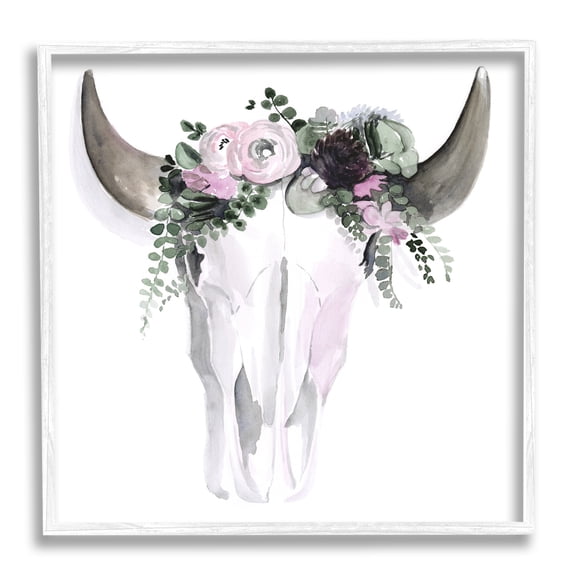 Stupell Industries Boho Cattle Skull Floral Garland Animals & Insects Painting White Framed Art Print Wall Art