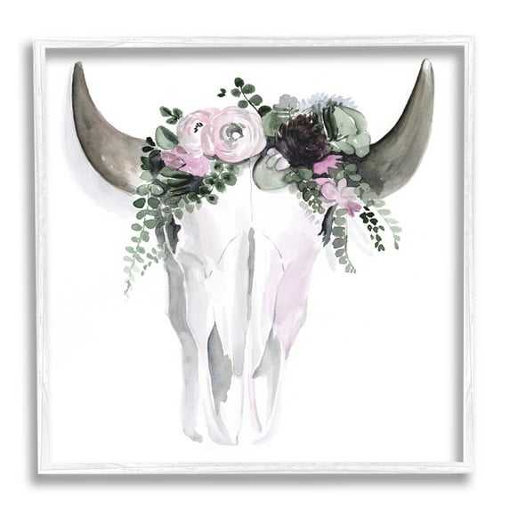 Stupell Industries Boho Cattle Skull Floral Garland Animals & Insects Painting White Framed Art Print Wall Art