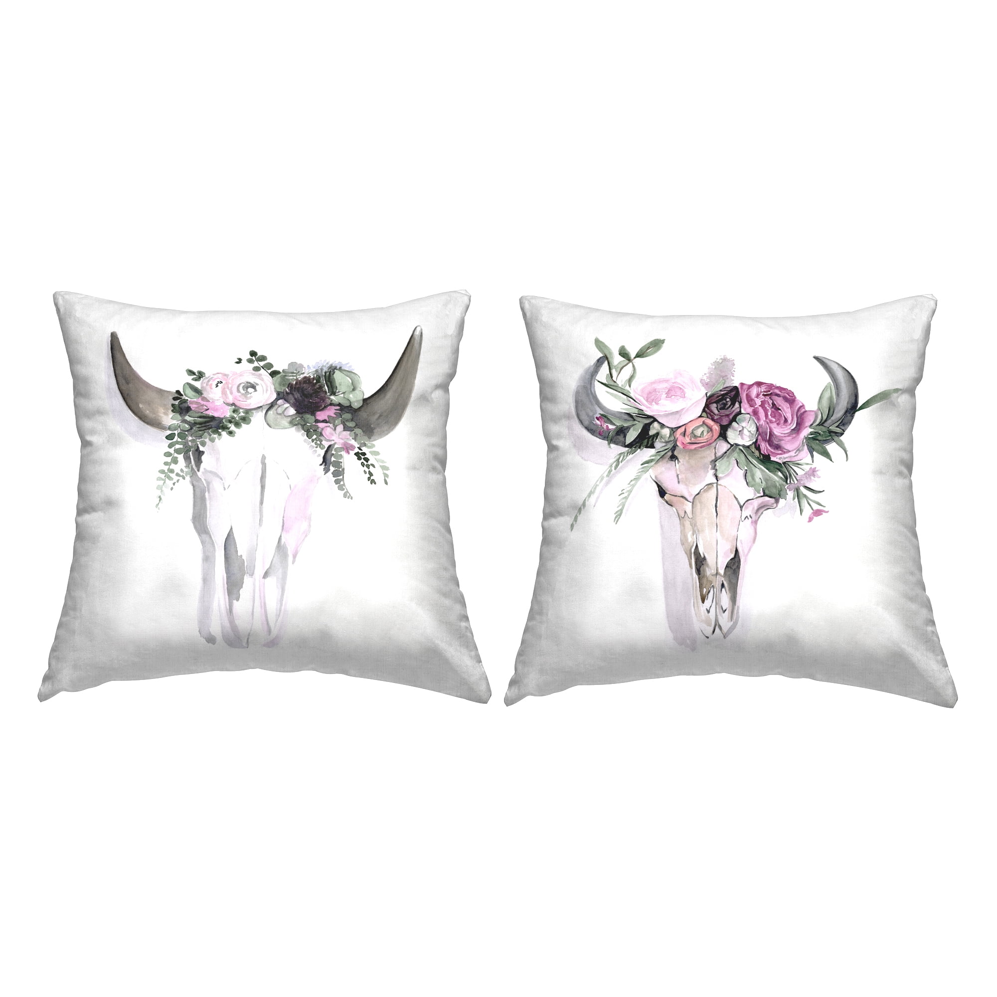 Stupell Industries Boho Cattle Skull Floral Garlands Square Decorative Printed Throw Pillow, 18 x 18, Set of 2