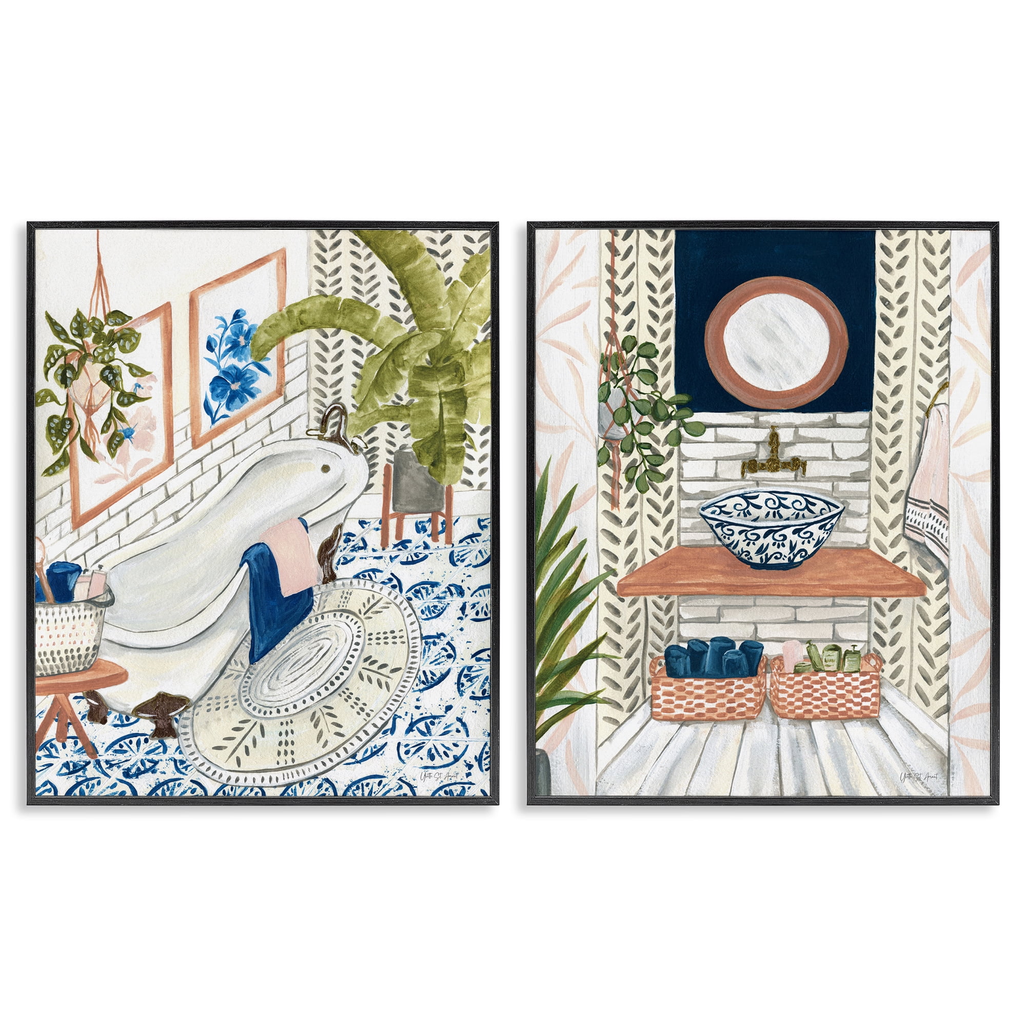 Stupell Industries Boho Chic Bathroom Bath & Laundry Painting Black Framed Art Print Wall Art, 24 x 30, Set of 2