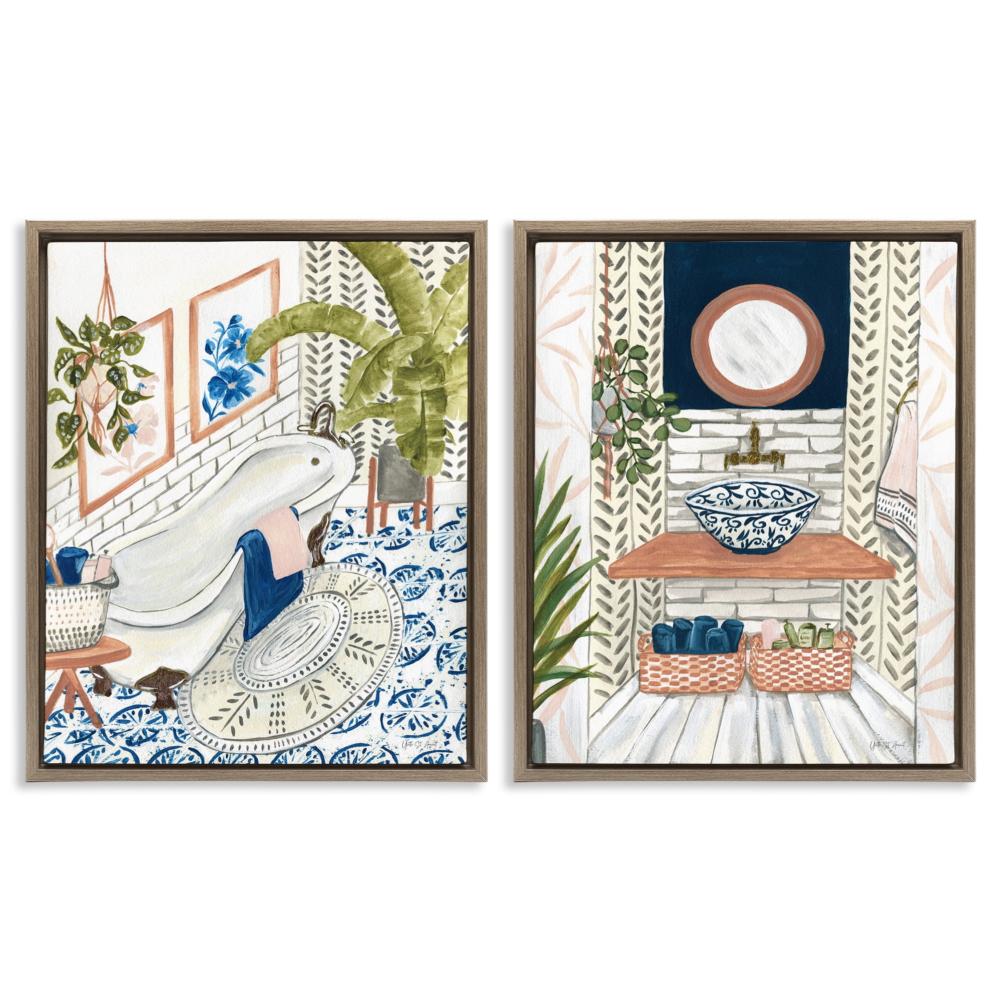 Stupell Industries Boho Chic Bathroom Bath & Laundry Painting Brown Floater Framed Canvas Art Print Wall Art, 17 x 21, Set of 2