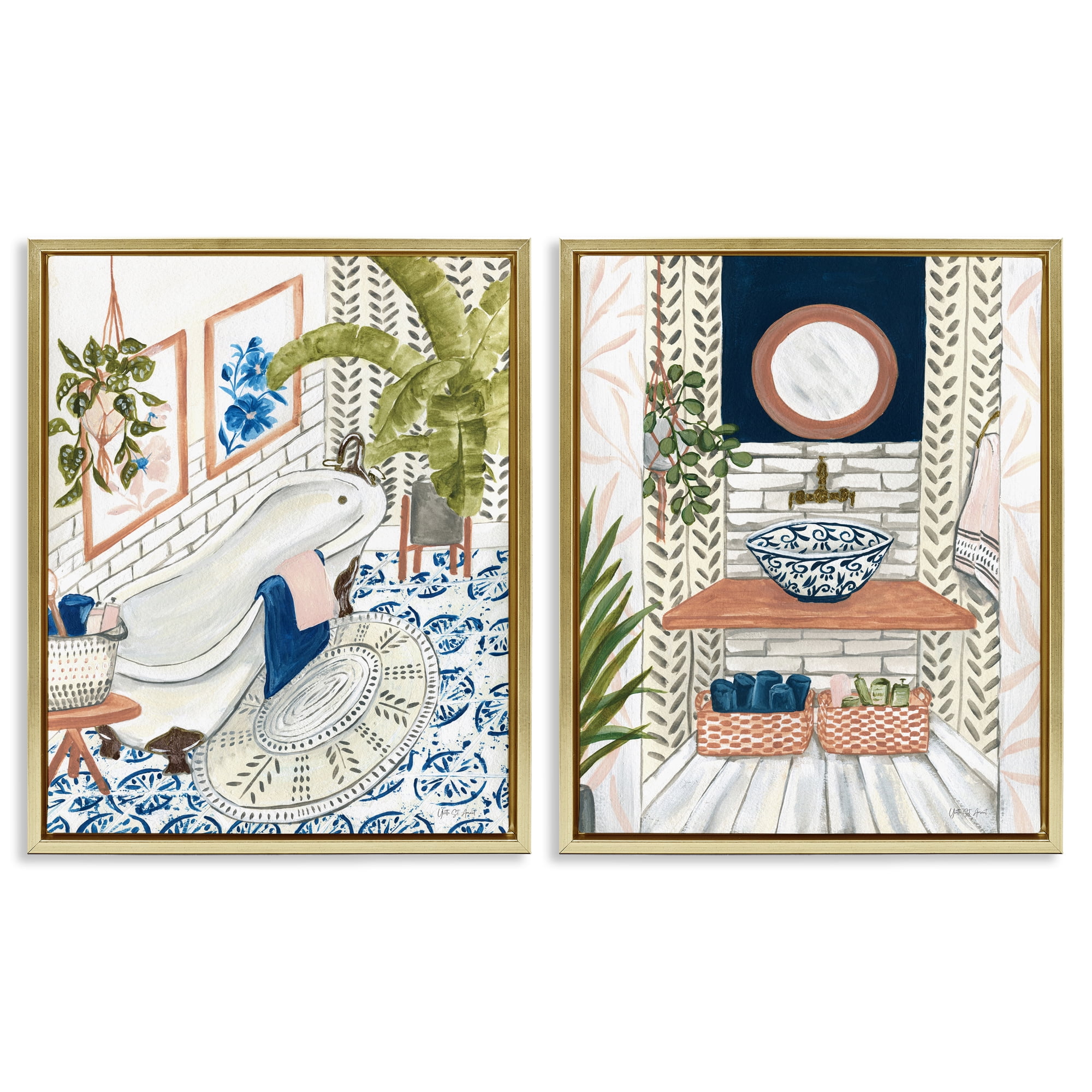 Stupell Industries Boho Chic Bathroom Bath & Laundry Painting Gold Floater Framed Canvas Art Print Wall Art, 17 x 21, Set of 2