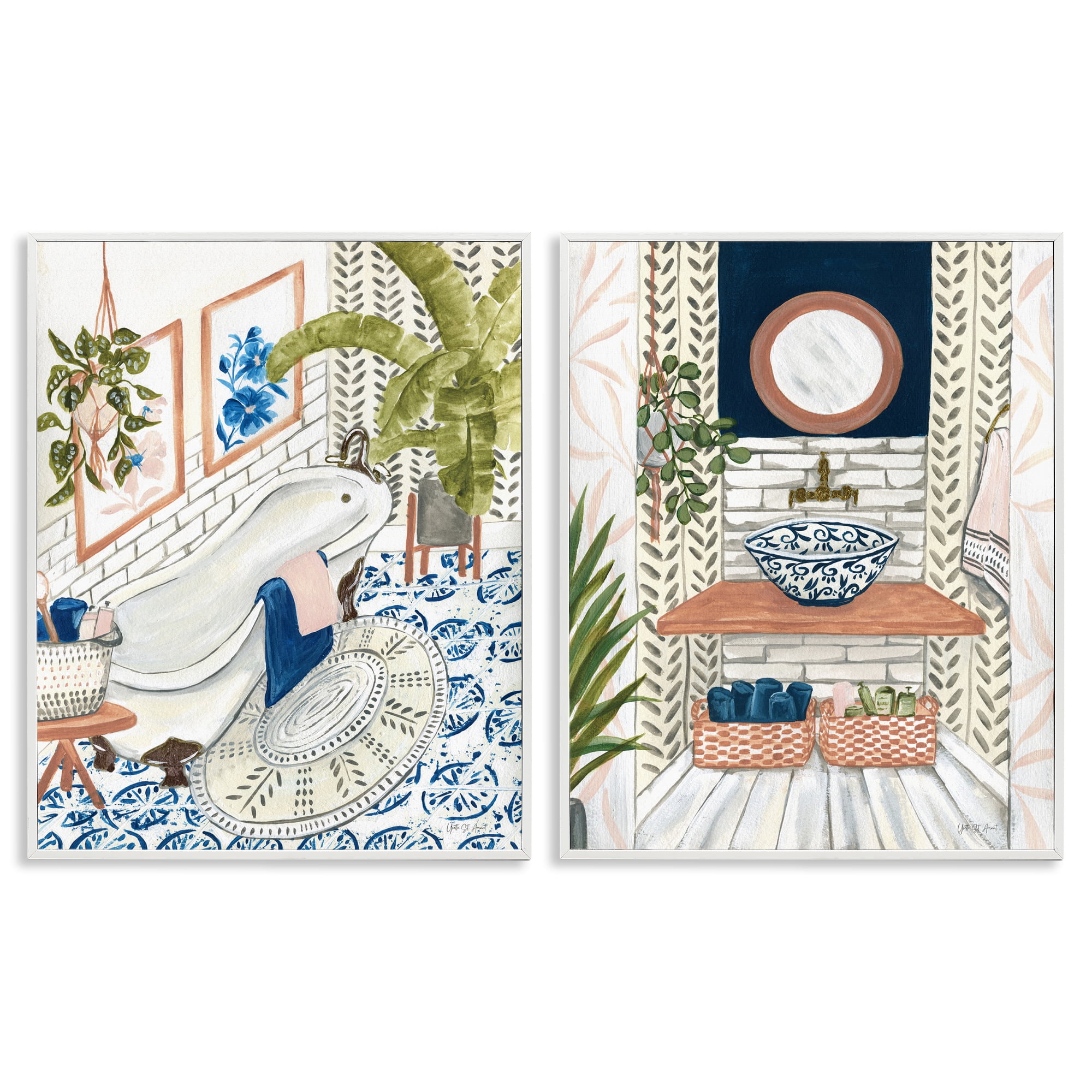 Stupell Industries Boho Chic Bathroom Bath & Laundry Painting White Framed Art Print Wall Art, 16 x 20, Set of 2