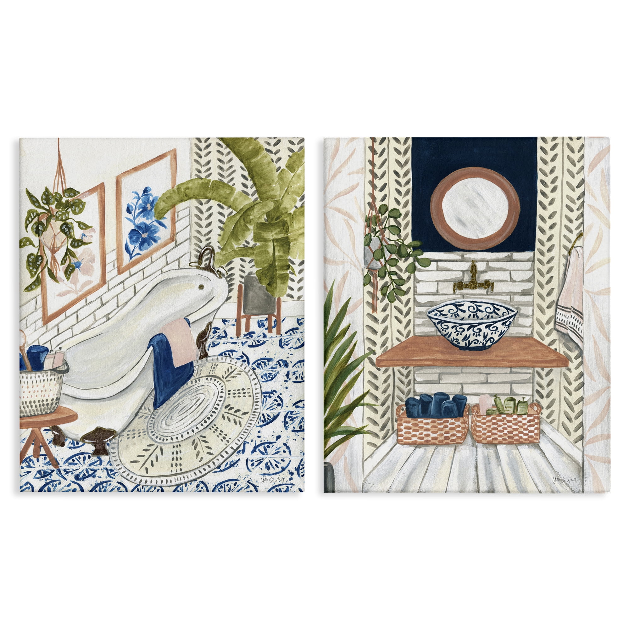 Stupell Industries Boho Chic Bathroom Bath & Laundry Painting Wrapped Canvas Art Print Wall Art, 24 x 30, Set of 2
