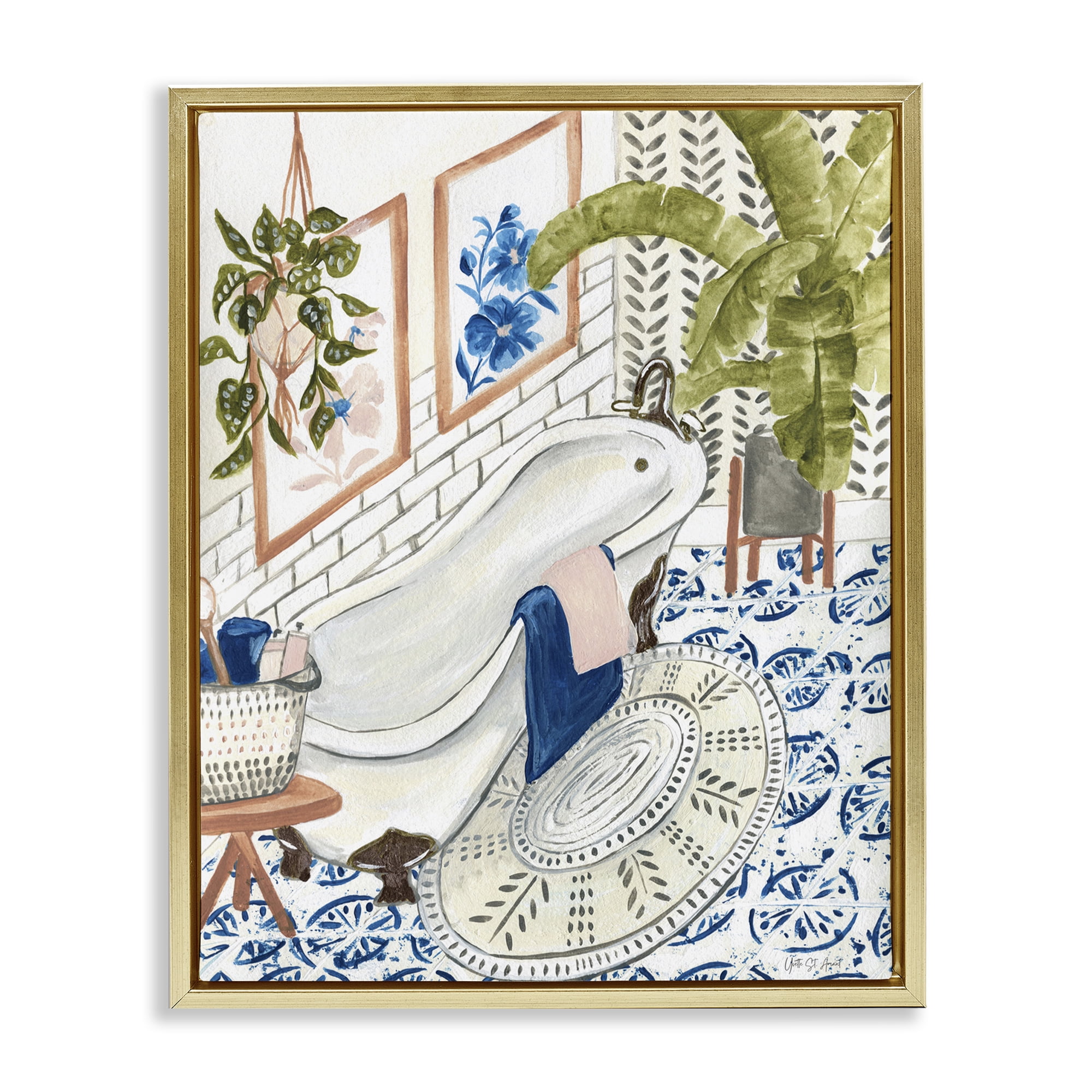 Stupell Industries Boho Chic Bathtub Typography Painting Gold Floater Framed Canvas Art Print Wall Art, 25 x 31