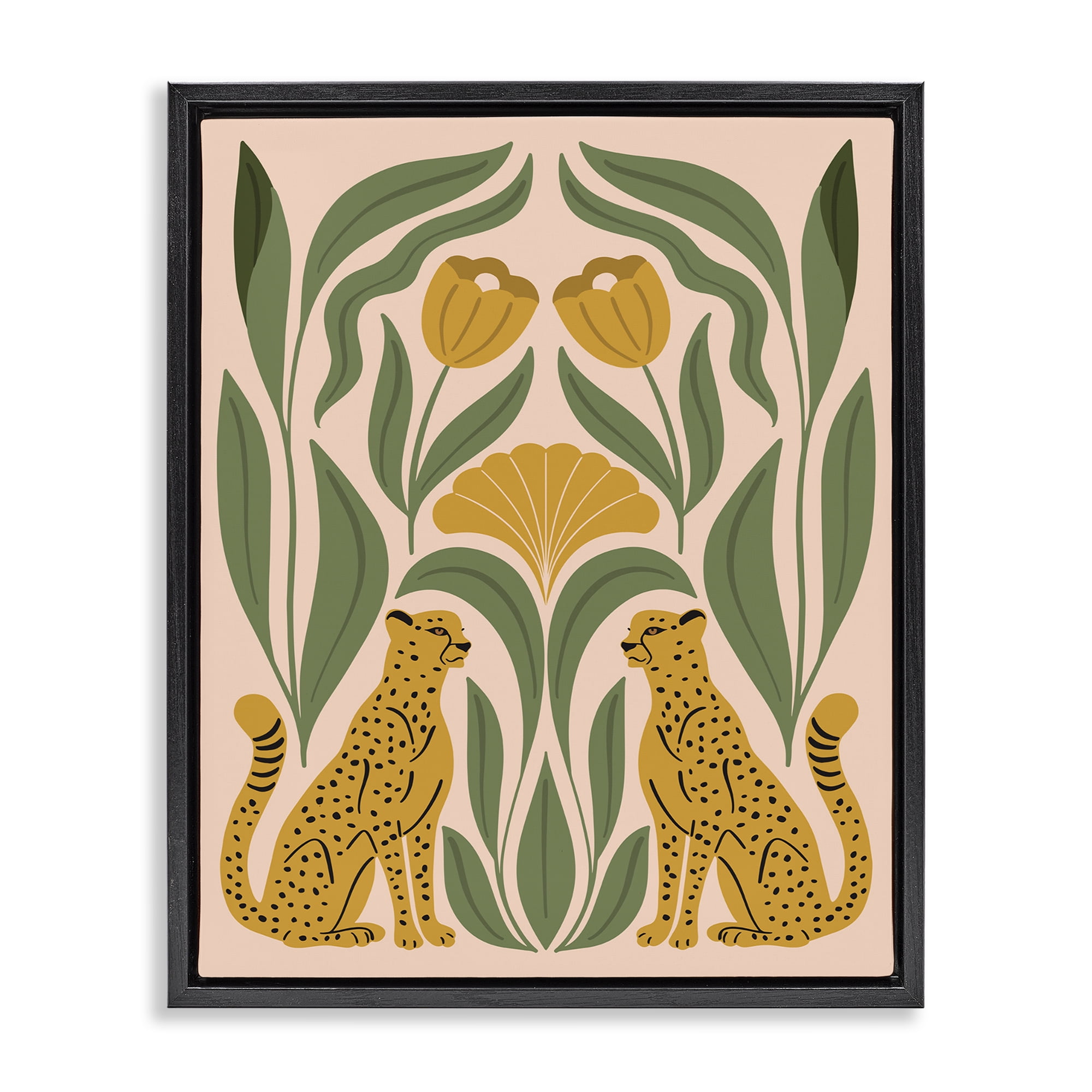 Stupell Industries Boho Chic Mirrored Leopards Plants & Flowers Painting Black Floater Framed Canvas Art Print Wall Art, 17 x 21