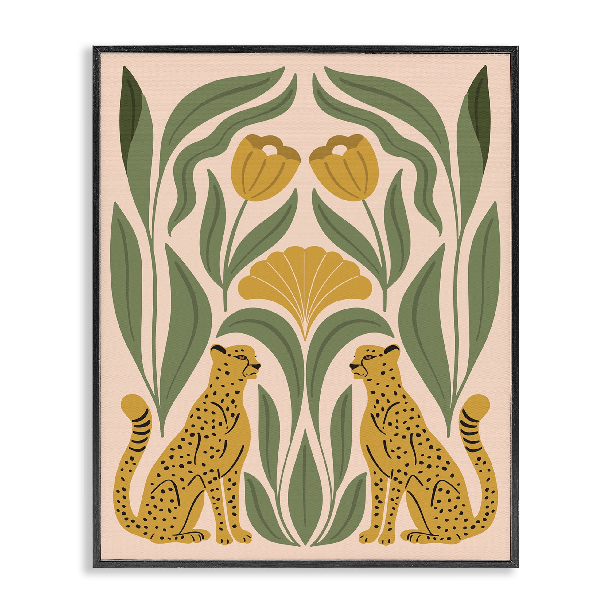 Stupell Industries Boho Chic Mirrored Leopards Plants & Flowers Painting Black Framed Art Print Wall Art, 24 x 30