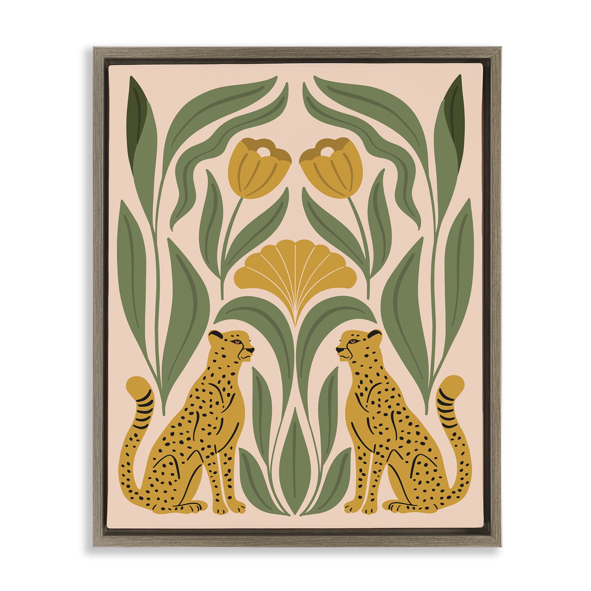 Stupell Industries Boho Chic Mirrored Leopards Plants & Flowers Painting Brown Floater Framed Canvas Art Print Wall Art, 17 x 21