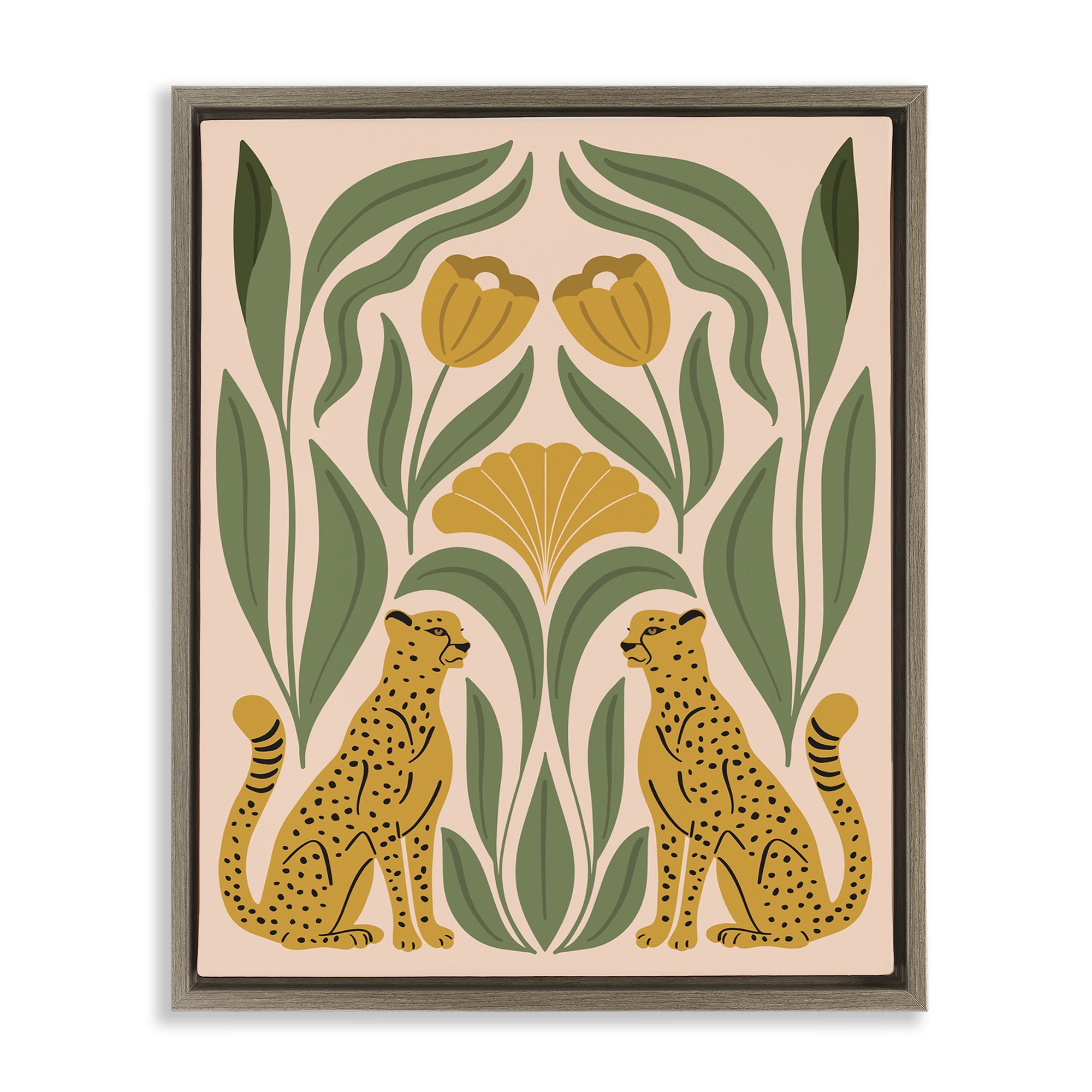 Stupell Industries Boho Chic Mirrored Leopards Plants & Flowers Painting Brown Floater Framed Canvas Art Print Wall Art, 25 x 31