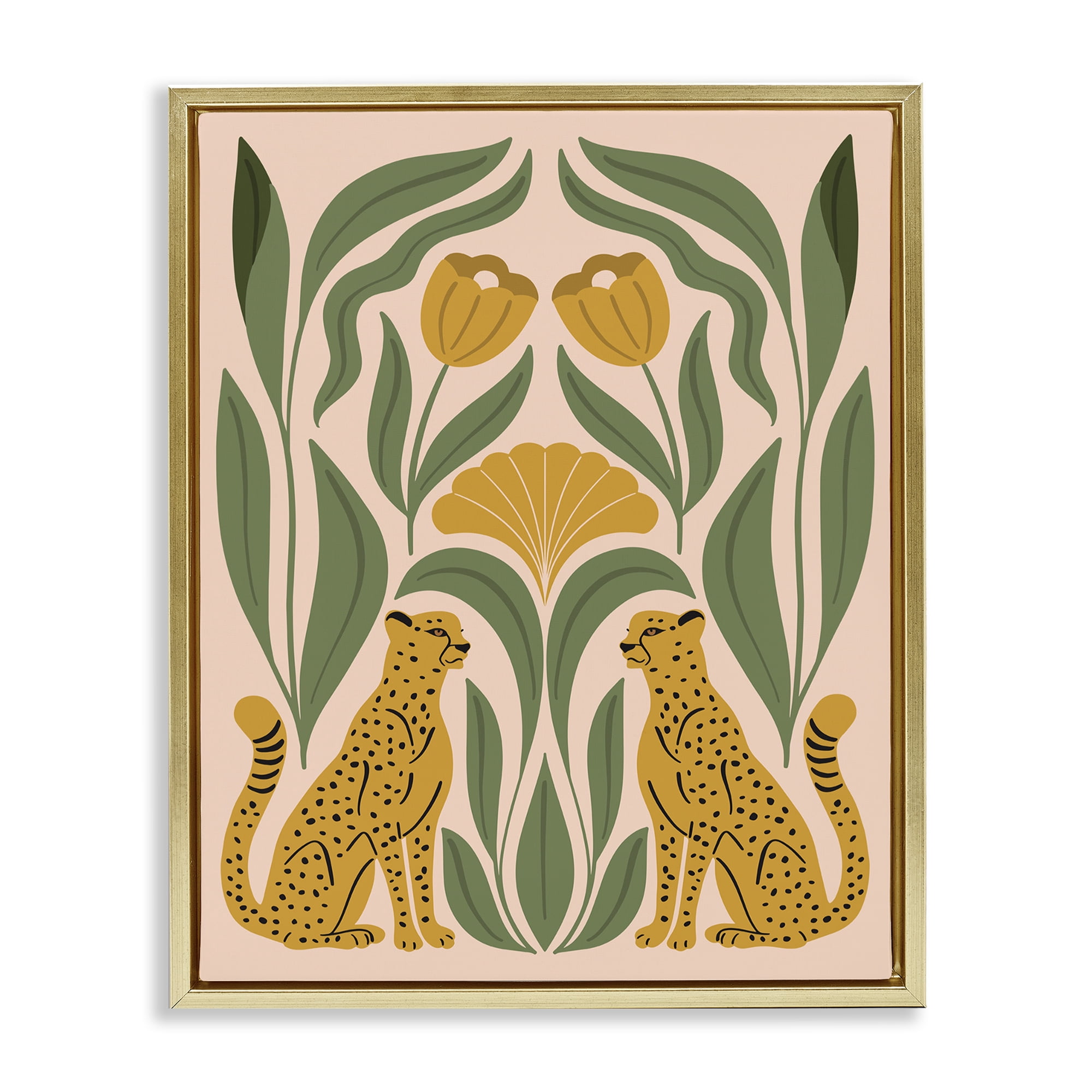 Stupell Industries Boho Chic Mirrored Leopards Plants & Flowers Painting Gold Floater Framed Canvas Art Print Wall Art, 17 x 21